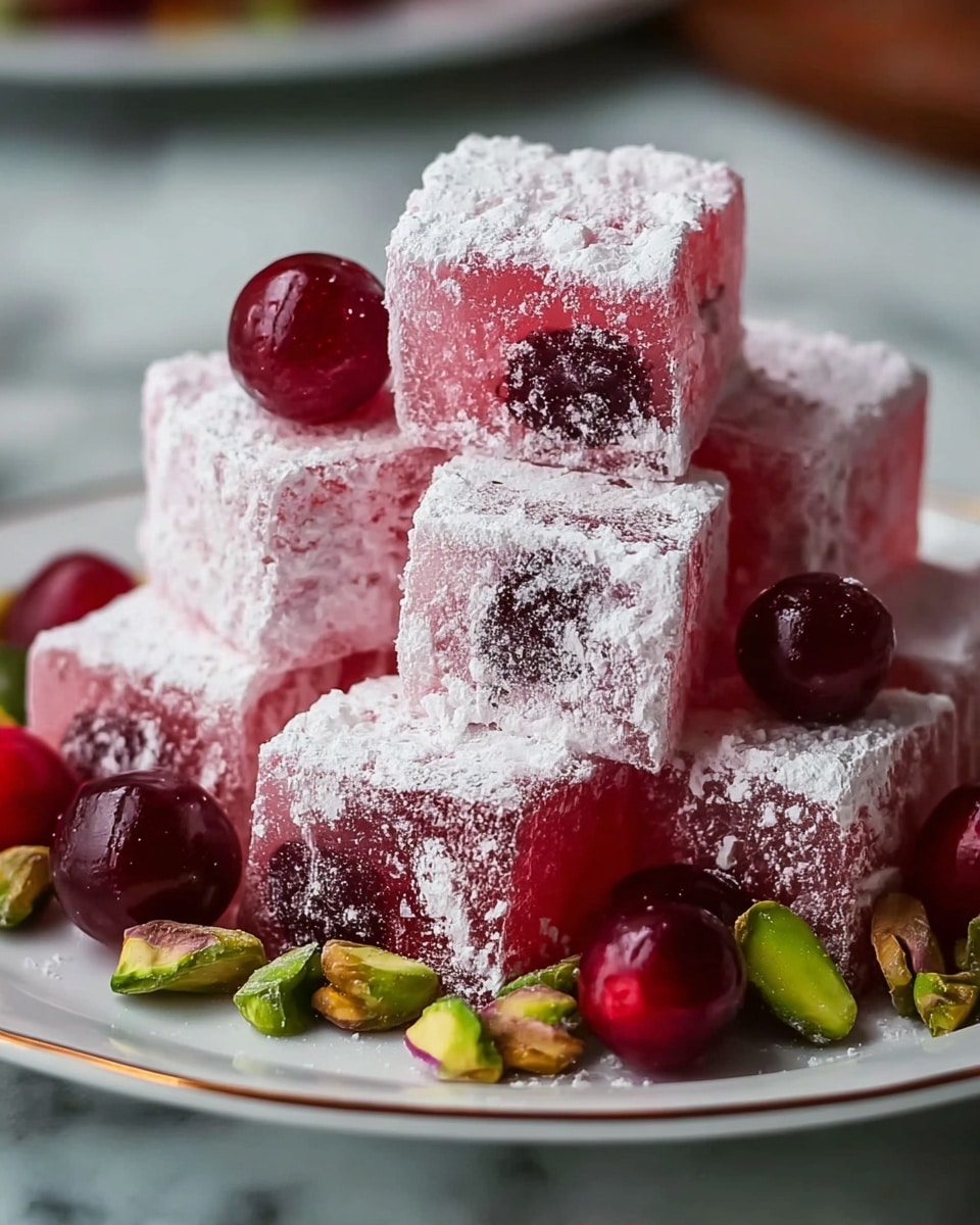The image shows six square jelly desserts on a white plate with a gold rim, placed on a white marbled surface. Each dessert has two layers: the bottom layer is solid white with a smooth texture, while the top layer is a deep red jelly with white swirls blending into the white layer below. The top surface of each jelly cube is dusted with white powdered sugar and sprinkled with small green pistachio pieces. Around the plate, there are several shiny red cranberries, adding to the festive look. The focus is on the dessert stack in the center, with warm bokeh lights softly blurred in the background. Photo taken with an iphone --ar 4:5 --v 7
