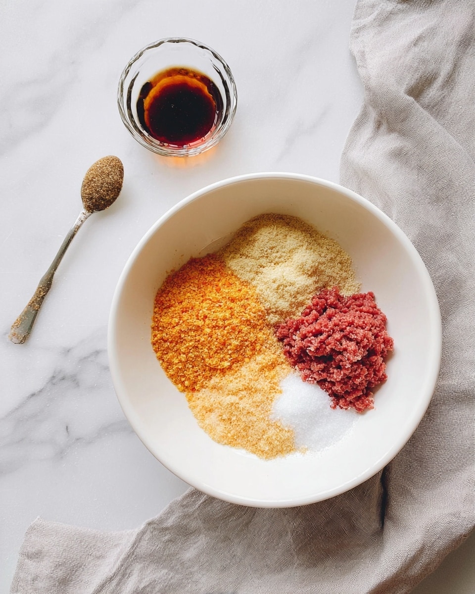 The image shows a white bowl placed on a white marbled surface with a light gray towel nearby. Inside the bowl, there are five distinct layers of ingredients arranged separately: ground meat in a deep red color on the right, a pile of fine yellow-orange crumbs at the bottom left, a light beige powder at the top left, a small white mound of salt near the center-right, and a light yellowish powder next to the salt. To the top left of the bowl, there is a small clear glass dish with a dark brown liquid and a spoon resting inside. The overall setting is bright with soft natural light. Photo taken with an iphone --ar 4:5 --v 7