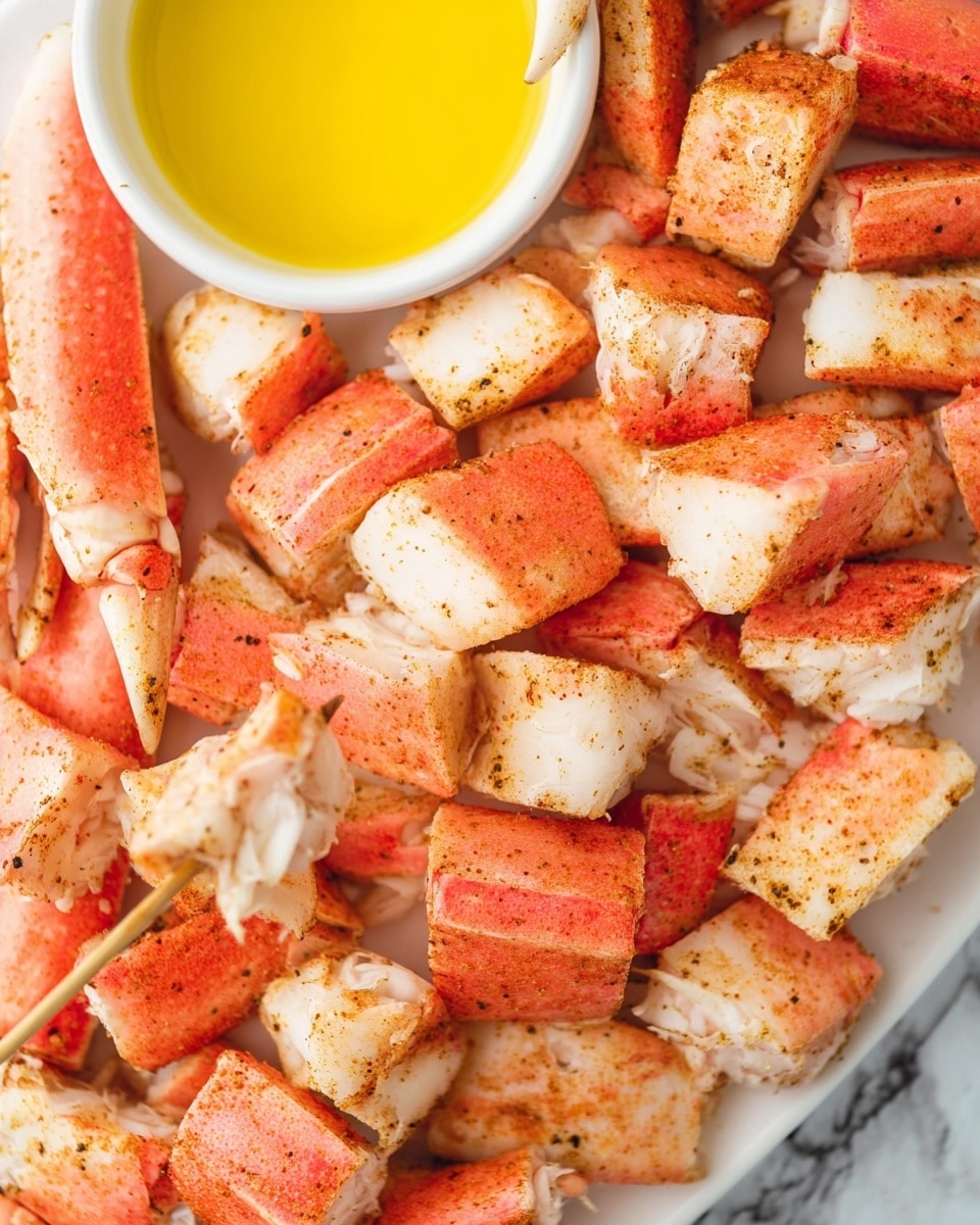The image shows many small rectangular pieces of cooked crab meat with a pinkish-red outer layer and a white inner part, scattered close together on a white plate. The crab meat pieces have a slightly browned, seasoned look with visible specks of black pepper. There is a toothpick resting on some pieces near the center-right of the plate. On the top left corner, a white bowl filled with yellow melted butter is partially visible, contrasting with the crab meat pieces. The background has a white marbled texture. photo taken with an iphone --ar 4:5 --v 7