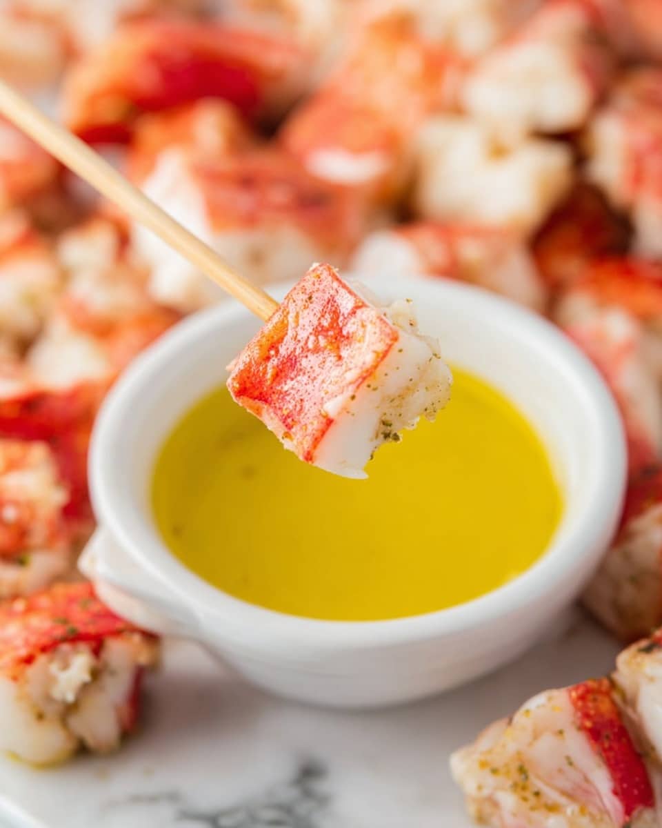 The image shows a close-up of a small square piece of red and white crab meat on a wooden skewer, held above a white bowl filled with melted yellow butter. The crab meat has a slightly rough texture and a bit of seasoning. The white bowl is surrounded by many more pieces of crab meat scattered around on a white marbled surface. The background is softly blurred to keep the focus on the crab piece and butter bowl in the center. photo taken with an iphone --ar 4:5 --v 7
