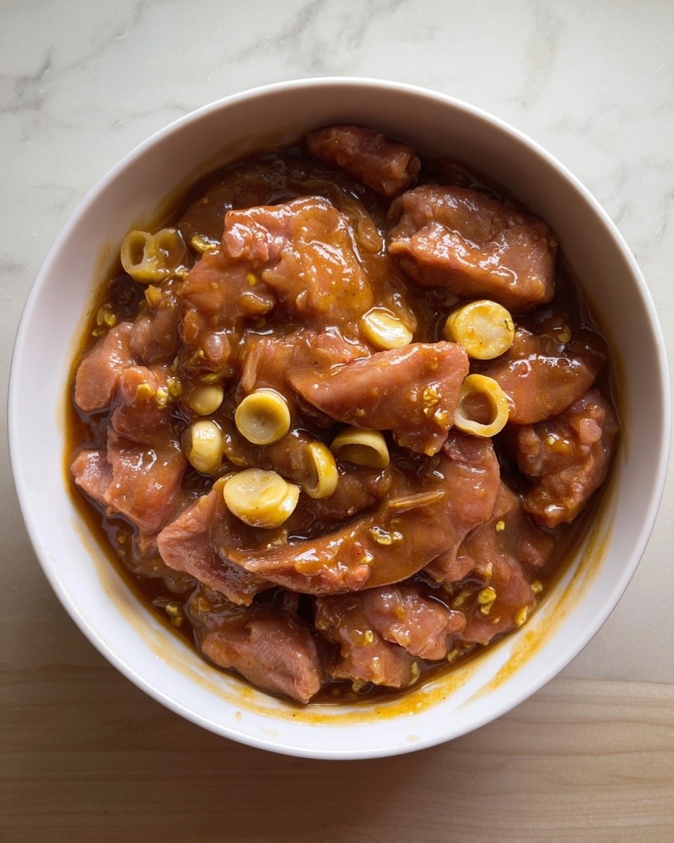 A white bowl filled with raw pieces of light pink meat coated in a thick, shiny brown sauce. Scattered through the meat are small pale yellow rings of sliced vegetables, likely garlic or onion, adding variation in texture and color. The bowl sits on a surface that resembles white marble, and the sauce clings slightly to the inner sides of the bowl. Photo taken with an iphone --ar 4:5 --v 7