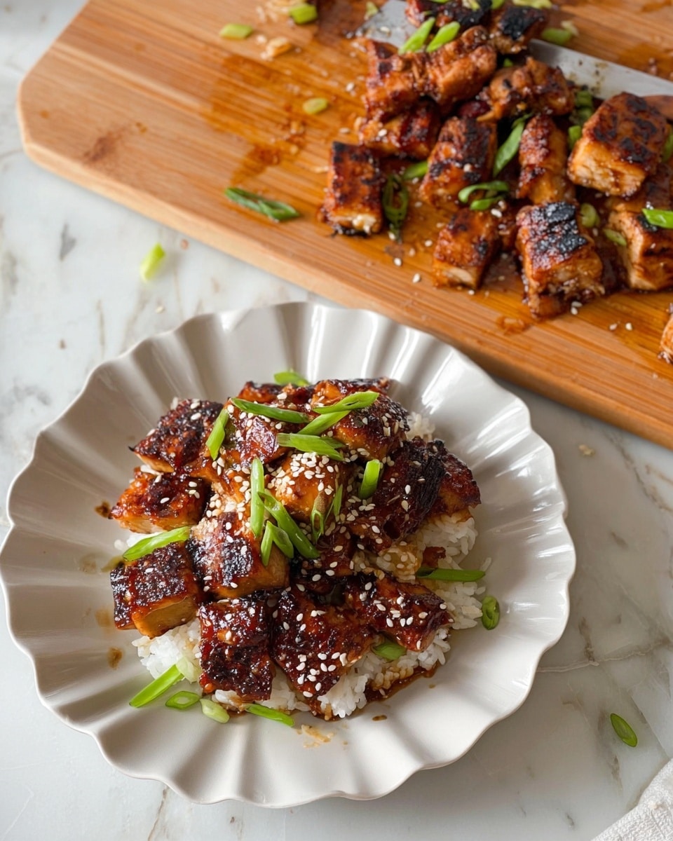 A white plate with a scalloped edge holds a dish with two main layers: a base of white rice topped with grilled pieces of dark golden-brown chicken that have slightly charred edges and are glazed with a shiny sauce. Scattered on top are white sesame seeds and thin slices of bright green onions for color contrast. Next to the plate is a wooden cutting board with more grilled chicken pieces and some green onion slices, all placed on a white marbled surface. Photo taken with an iphone --ar 4:5 --v 7