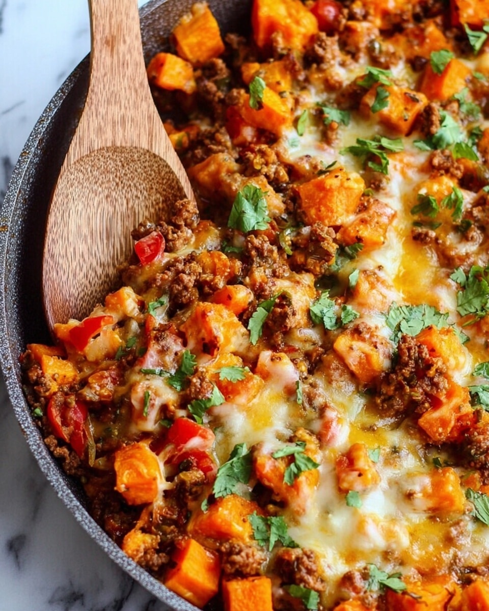 The image shows a dish mostly made of cooked ground meat mixed with bright orange cubes, likely sweet potatoes. There are small bits of red scattered throughout, possibly tomatoes, and the dish is topped with melted light yellow cheese that stretches slightly across the surface. Fresh green herb leaves are sprinkled on top, adding a pop of color. A wooden spoon is partially visible on the left, stirring the dish. The dish has a rich, warm color palette of orange, brown, red, and green, with a slightly creamy texture from the melted cheese. The background is a white marbled surface. Photo taken with an iphone --ar 4:5 --v 7