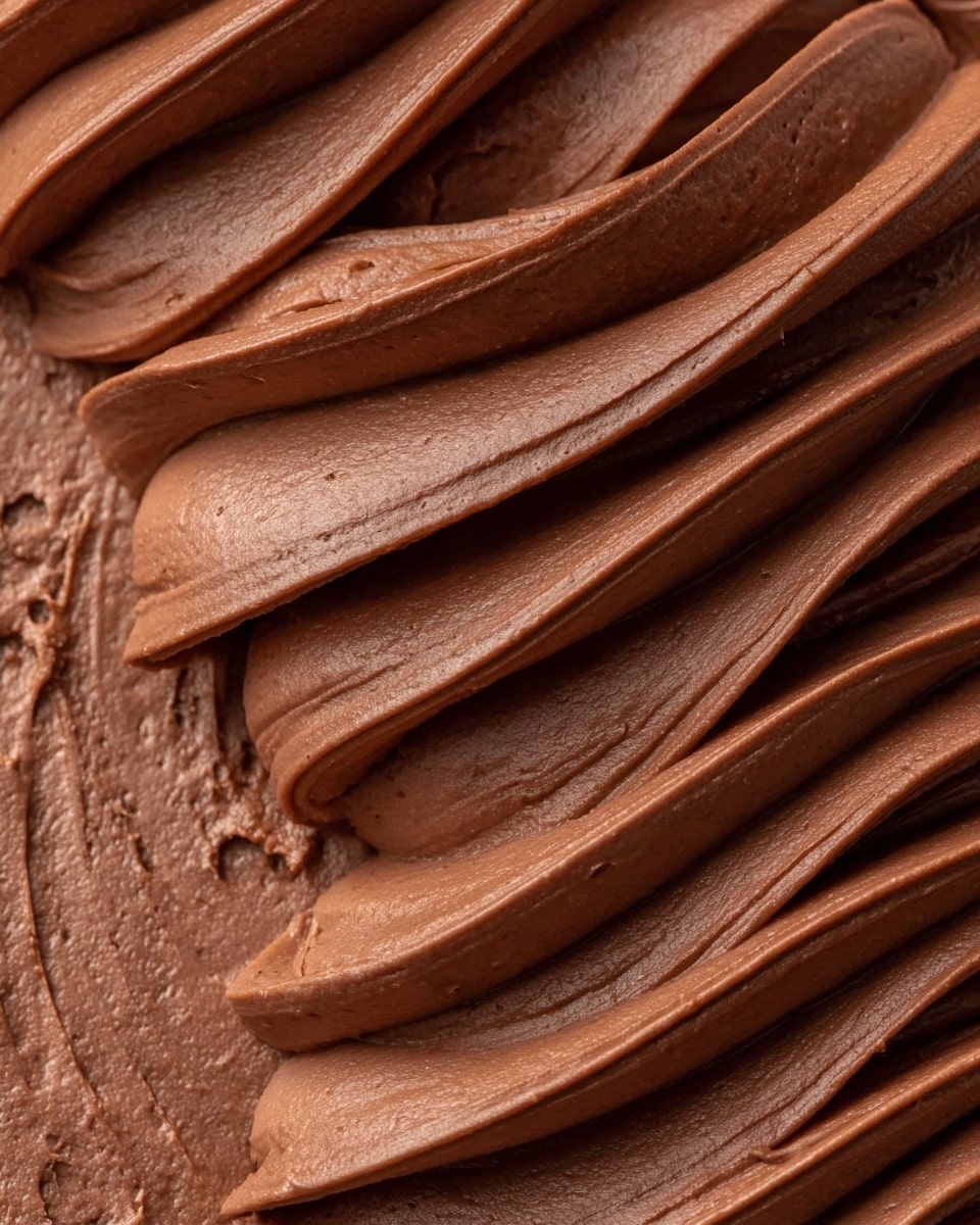 A close-up view of smooth, rich chocolate frosting swirled in thick, even waves. The chocolate has a soft, creamy texture with a glossy finish. The swirls are layered closely together, creating a pattern of curving ridges and troughs that highlight the depth and thickness of the frosting. The background shows more of the same chocolate spread flat with a slightly textured surface. photo taken with an iphone --ar 4:5 --v 7