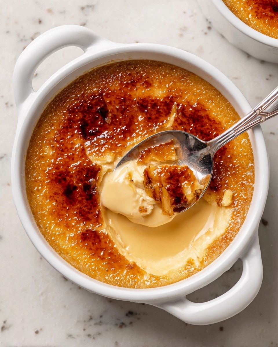 The image shows a white round dish with two handles, filled with a dessert that has three visible layers. The top layer is a shiny burnt caramelized sugar crust in dark golden brown with slight cracks. Below this is a smooth, pale yellow creamy layer, visible where a spoon has scooped into it in the center. The spoon is silver and holds part of the creamy layer and some broken caramel crust. The dish is placed on a white marbled surface. Photo taken with an iphone --ar 4:5 --v 7