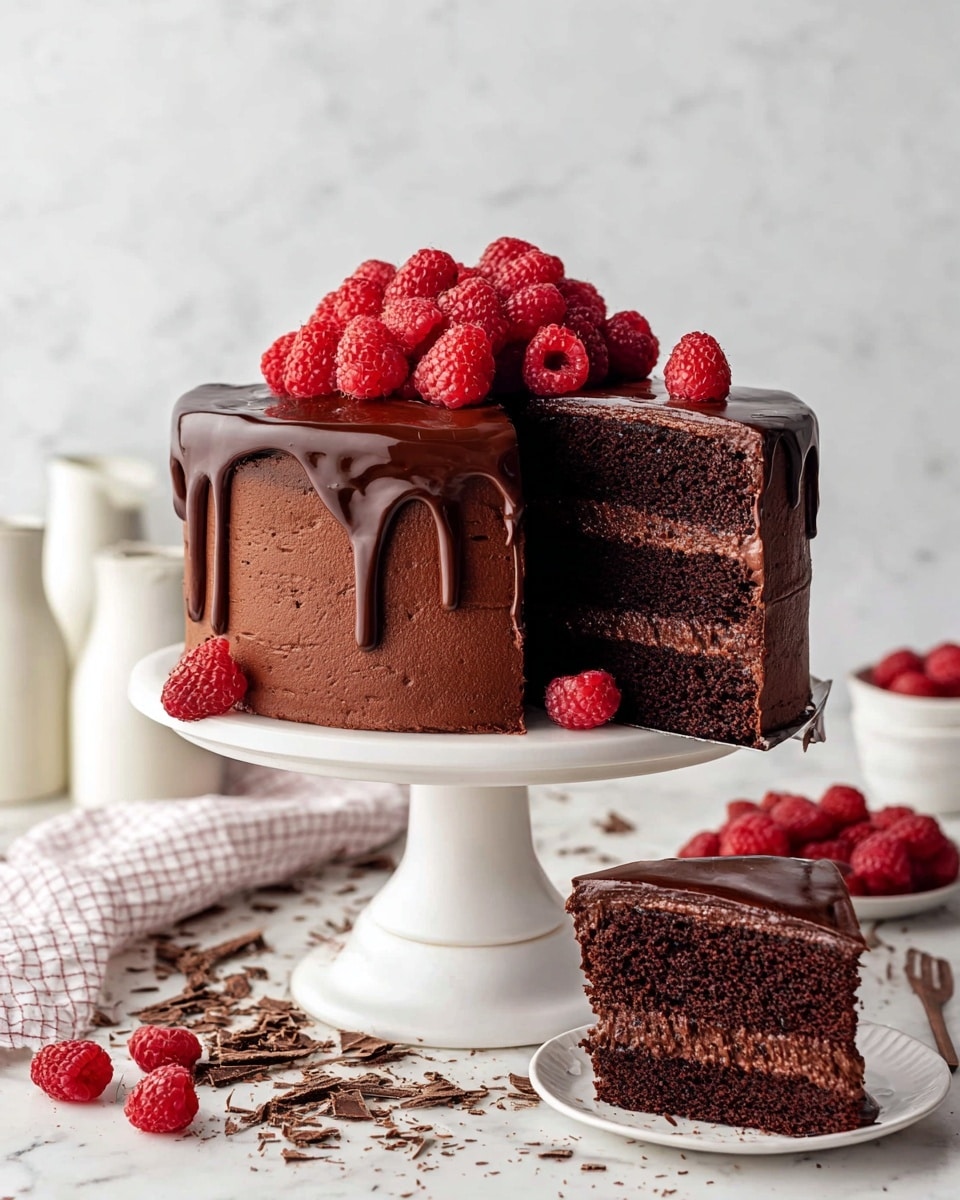 The image shows a three-layer chocolate cake on a white cake stand against a white marbled background. The cake has a smooth dark brown chocolate frosting on the outside, with glossy melted chocolate dripping over the edges on top. Fresh red raspberries are piled on top and placed around the base for decoration. A slice is lifted beside the cake, revealing three layers: a top and bottom layer of soft dark chocolate cake with a middle layer of lighter chocolate frosting inside. Extra chocolate shavings are scattered around the stand and nearby on the surface. The scene includes white ceramic milk bottles and a checkered cloth in soft focus. Photo taken with an iphone --ar 4:5 --v 7
