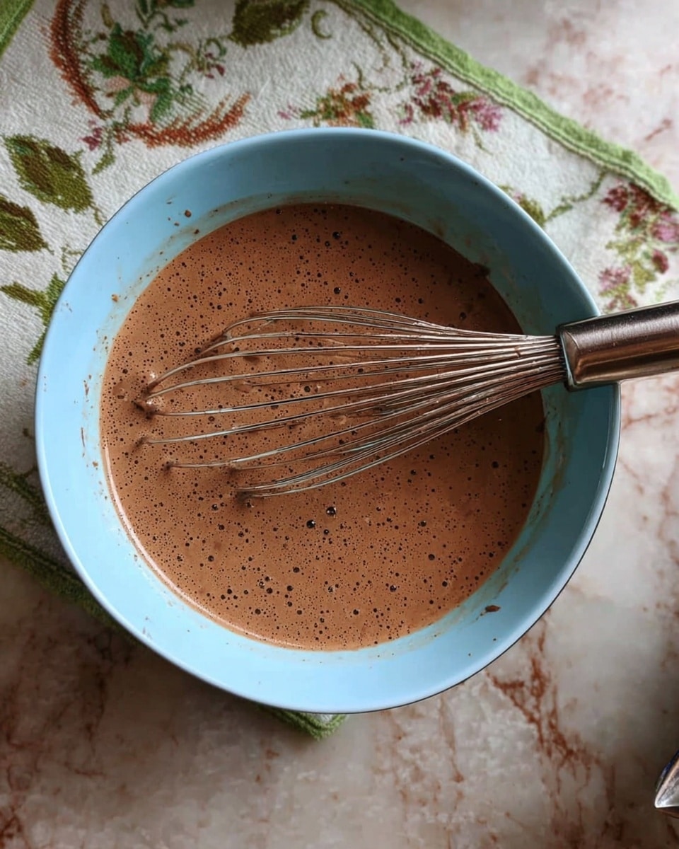 A light blue bowl filled with a smooth, chocolate brown liquid mixture, with tiny dark specks throughout and some bubbles on the surface. A silver metal whisk lies inside the bowl, partially covered with the chocolate mix. The bowl rests on a surface with a white marbled texture and has small green and brown floral patterns beside it. Photo taken with an iphone --ar 4:5 --v 7