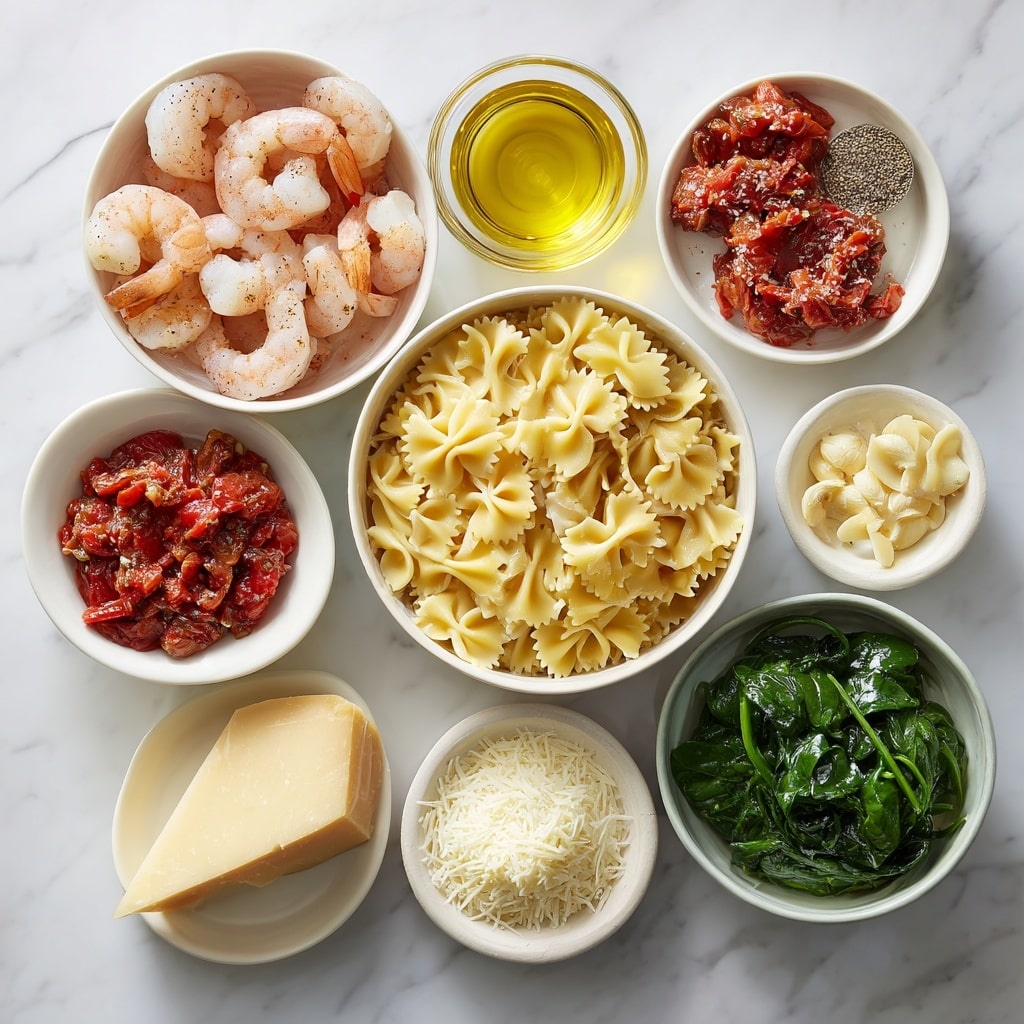 A close-up view of a white pan filled with creamy pasta and shrimp. The dish has three main layers: the bottom layer is bowtie pasta with a smooth yellowish cream sauce, the middle layer has bright orange cooked shrimp scattered evenly, and the top layer is fresh green spinach leaves mixed with diced red tomatoes. All ingredients are mixed well, with a light sprinkle of black pepper and herbs spread over the top. The pan is shown from above on a white marbled surface. photo taken with an iphone --ar 4:5 --v 7