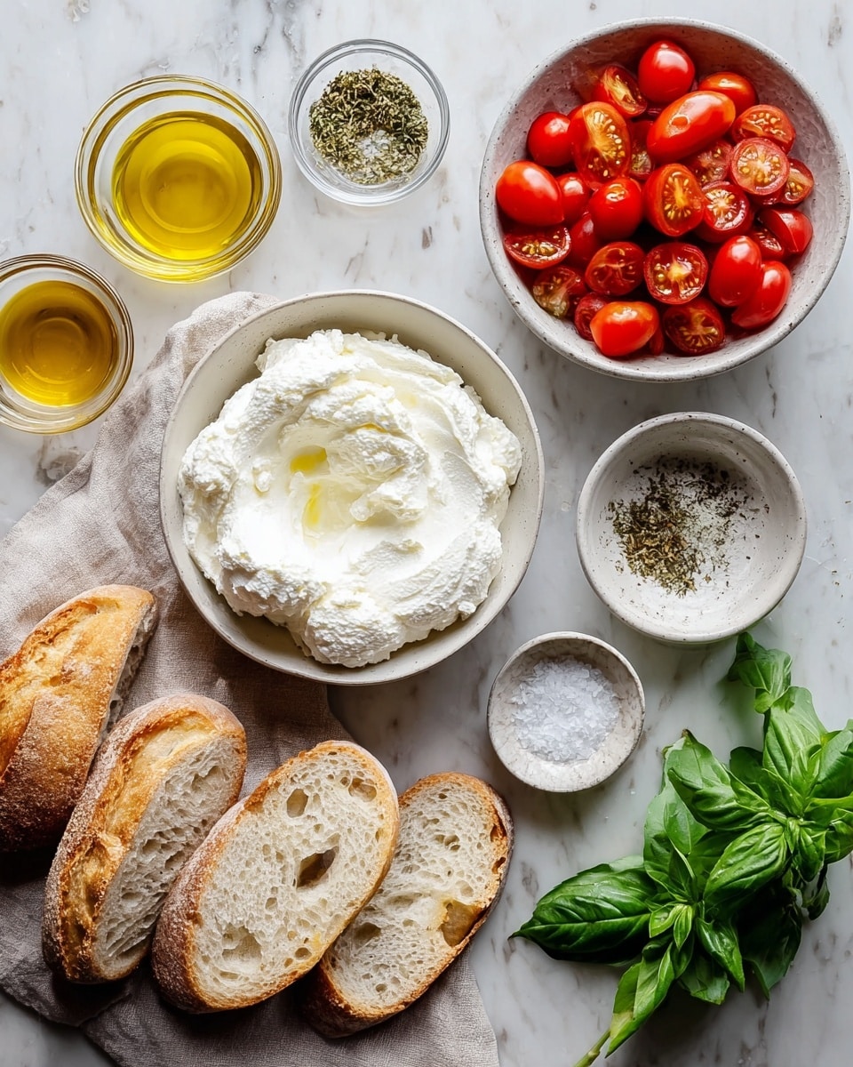 A white bowl holds a thick amount of white ricotta cheese with a creamy texture, placed near three slices of rustic bread with a light brown crust and airy off-white inside on a white marbled surface. Nearby, another white bowl contains bright red cherry tomatoes, some whole and some sliced open to reveal juicy interiors. There is a small cluster of fresh green basil leaves on the right side. Above the bowls, two small clear glass bowls have golden yellow olive oil, one infused with herbs. Also, three small white bowls hold dried herbs, coarse salt, and a mix of salt and pepper. A soft beige cloth is partly under the ricotta bowl. Photo taken with an iphone --ar 4:5 --v 7