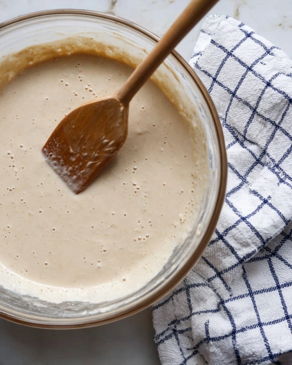 A clear glass bowl holds light beige batter with small bubbles on the surface, showing a smooth and thick texture. A wooden spatula is resting inside the bowl, partially covered in the batter. The bowl is placed on a white marbled surface and next to it is a white and navy checkered kitchen towel. Photo taken with an iphone --ar 4:5 --v 7
