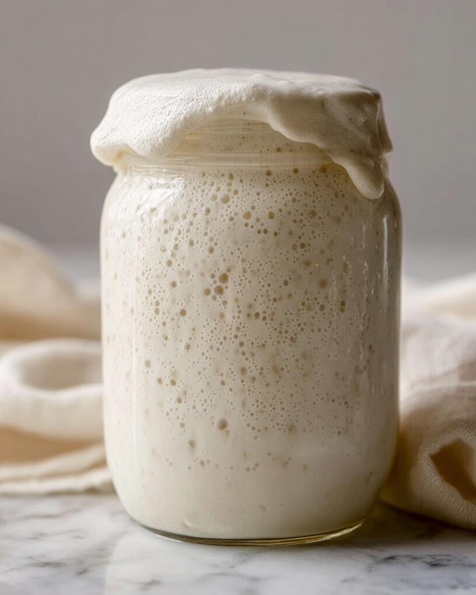 A clear glass jar filled with a bubbly, creamy white mixture that rises above the jar's rim with a soft, thick layer overflowing slightly on top. The jar is set on a white marbled surface, and the texture of the mixture shows many small air bubbles throughout, indicating it is full of life and activity. The jar is covered loosely at the top with a thin, cloth-like material that drapes over the sides. Photo taken with an iphone --ar 4:5 --v 7