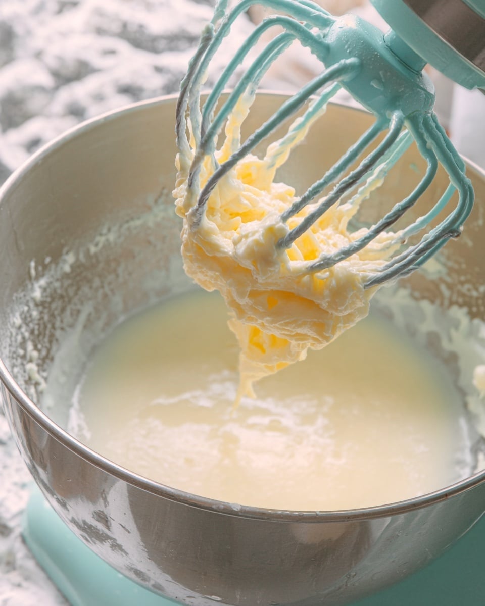 The image shows a close-up of a metal mixing bowl with a pale yellow creamy mixture attached to the wires of a light blue electric mixer. Inside the bowl, there is a layer of white liquid. The background has a white marbled texture and a person wearing a white shirt stands near the mixer. Photo taken with an iphone --ar 4:5 --v 7
