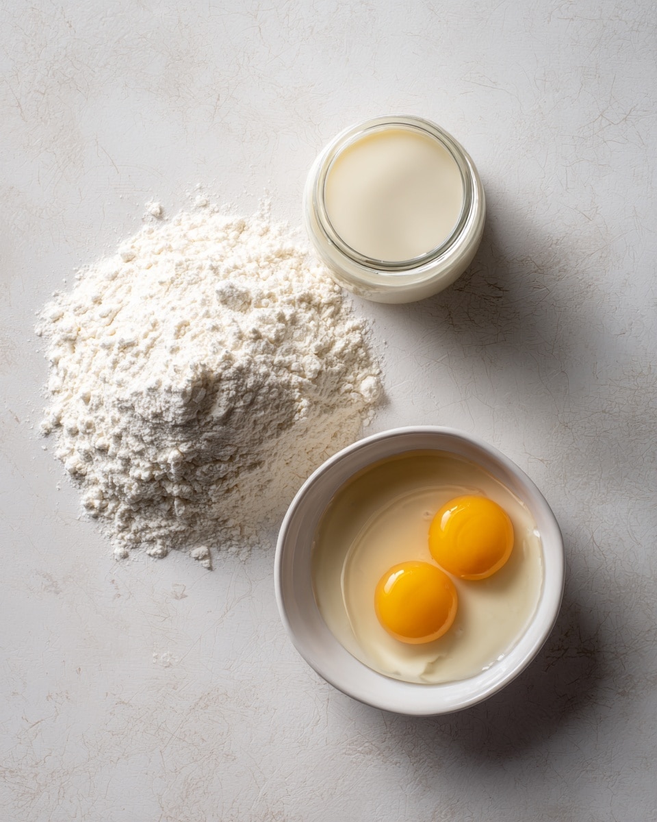 The image shows a white marbled surface with three cooking ingredients arranged loosely. On the left, there is a mound of white flour with a small dip at the top, giving it a fluffy, powdery texture. To the top left of the flour mound, there is a clear glass jar filled halfway with a creamy, off-white liquid that looks smooth. On the right side, there is a white bowl holding two raw eggs with bright yellow yolks floating in translucent egg whites. The photo has soft natural lighting and a clean, uncluttered look. photo taken with an iphone --ar 4:5 --v 7
