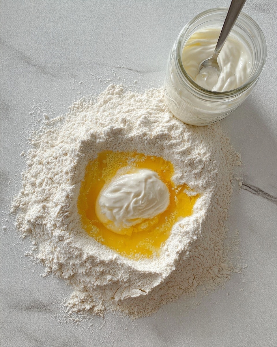 A mound of white flour is arranged on a white marbled surface, formed with a hollow center filled with yellow beaten eggs and a dollop of thick white yogurt on top. Near the mound, there is a clear glass jar containing more white yogurt, holding a fork dipped into it. The overall view is a close-up showing the texture of the flour, the smoothness of the eggs, and the creamy yogurt, with soft natural lighting. Photo taken with an iphone --ar 4:5 --v 7