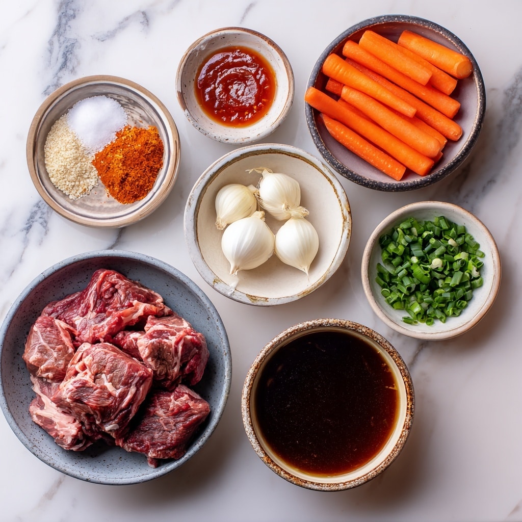 A white bowl contains a layered dish starting with a base of white rice on the left side, topped with a fresh mix of chopped green cilantro and small diced orange carrots along with tiny bits of red pepper and green bell pepper. On the right side, there are several pieces of dark brown shredded meat sitting in a rich, deep reddish-brown sauce. A spoon is placed inside the bowl on the right side, partially submerged in the sauce. The bowl is set on a white marbled surface. Photo taken with an iphone --ar 4:5 --v 7