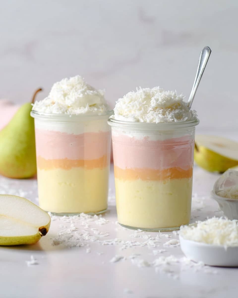 Two clear glass cups each show three layers of smoothie. The bottom layer is smooth and white, the middle layer is pale yellow with a soft texture, and the top layer is pink with small red dots and is thicker, spilling slightly over the rim. The pink layer is sprinkled with small white flakes and tiny brown seeds. Each cup is topped with two small red strawberries cut in half, showing their inside. A silver spoon sticks into each cup from the top. The cups sit on a white marbled surface with some strawberries and a lemon partially shown nearby. Photo taken with an iphone --ar 4:5 --v 7