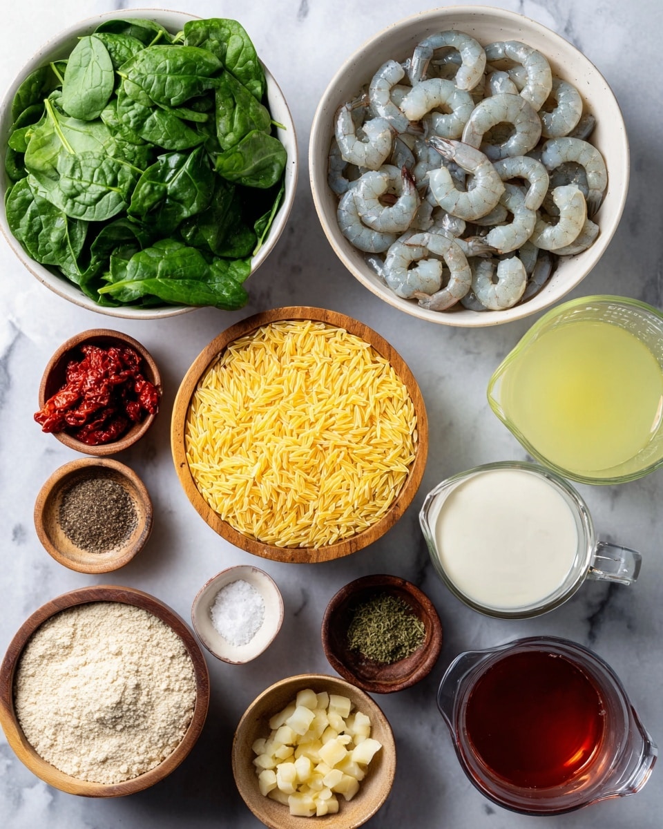The image shows various fresh ingredients arranged neatly on a white marbled surface. There is one large white bowl filled with raw, grayish shrimp arranged in a circular pattern. Above it, a white bowl holds bright green fresh spinach leaves. In the center, a wooden bowl is filled with small uncooked yellow orzo pasta. To the left, two smaller wooden bowls contain white grated cheese and red sun-dried tomatoes. On the right, a glass measuring cup with light yellow broth sits next to another glass measuring cup filled with white cream. Nearby, a black small bowl holds mixed dry spices including salt, pepper, and herbs, while three small brown bowls contain minced garlic, melted butter, and a reddish liquid sauce. photo taken with an iphone --ar 4:5 --v 7