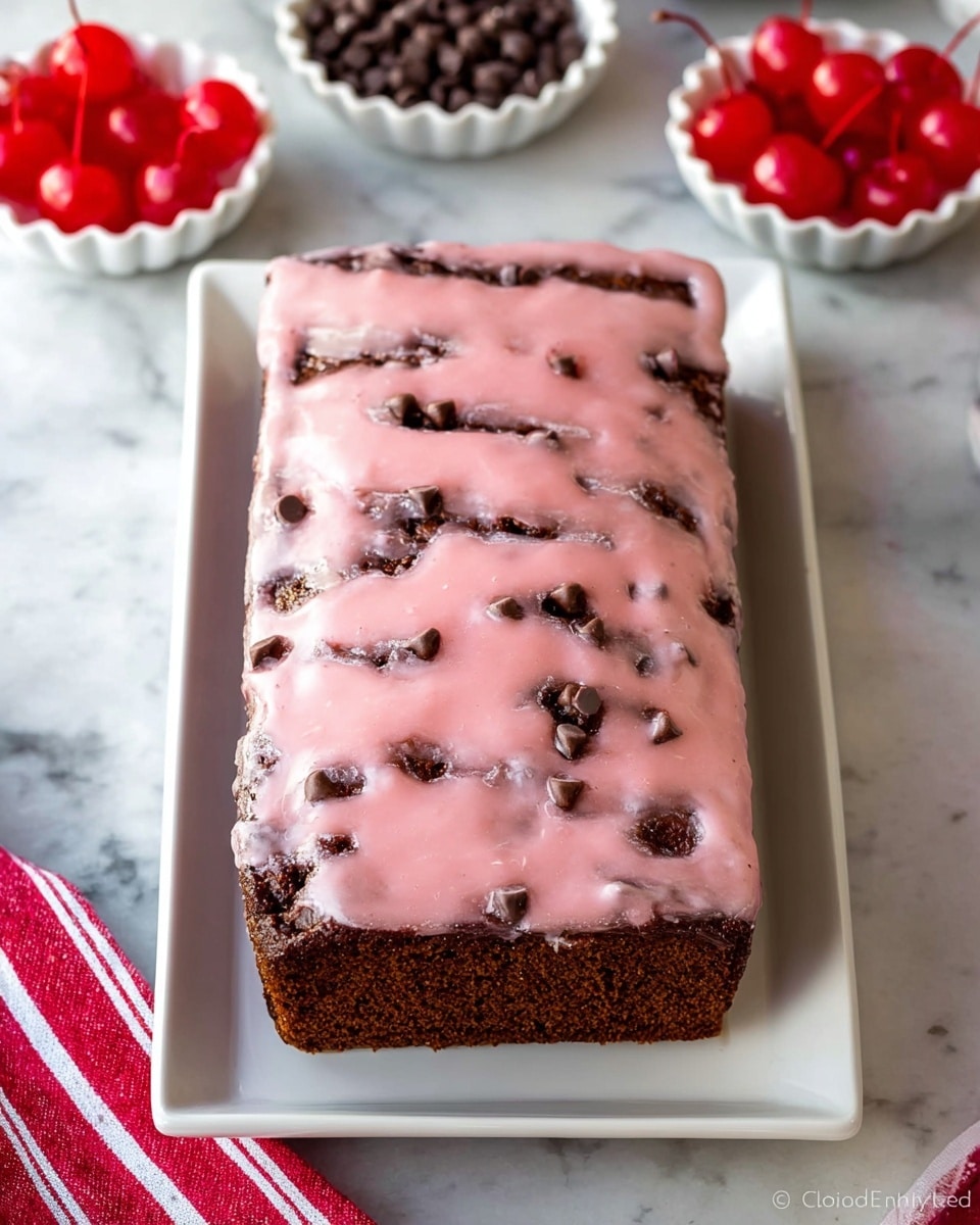 A rectangular dark brown cake with a smooth, pink glaze spread unevenly on top, allowing some of the dark cake to peek through. The cake sits on a simple white rectangular plate placed on a white marbled surface. Around the plate, there are small white scalloped bowls containing bright red cherries and small dark brown chocolate chips, with a red and white striped cloth partially visible at the bottom left. Photo taken with an iphone --ar 4:5 --v 7