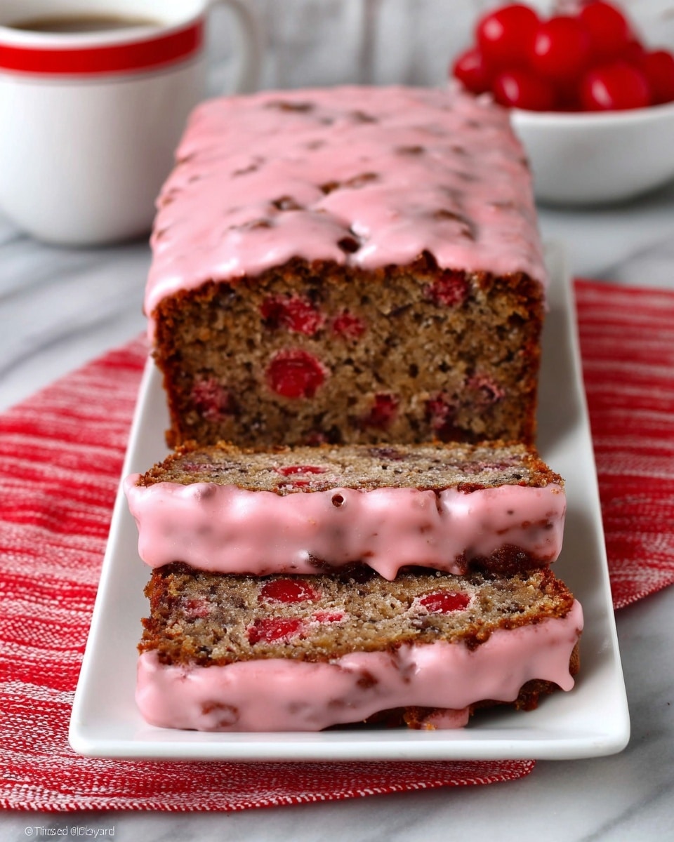 A rectangular loaf cake with a rough, brownish texture filled with small red pieces is placed on a white rectangular plate. The cake is topped with a thick, shiny pink glaze that drips slightly down the sides. Two slices are cut and laid flat in front of the main loaf, showing the dense and moist interior with the same brown and red colors, each slice coated with the smooth pink glaze on one side. The plate rests on a red and white striped cloth on a white marbled surface, with a small white bowl of red cherries and a white cup with a red rim blurred in the background. Photo taken with an iphone --ar 4:5 --v 7