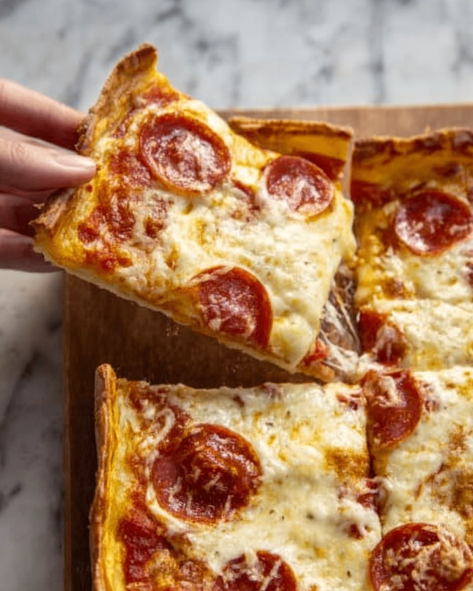 A slice of pizza being lifted by a woman's hand from a rectangular pizza with a golden-brown crust. The pizza has layers starting with a thin slightly crispy crust, topped with a layer of melted cheese that is creamy white with some golden-brown spots, and slices of pepperoni in a reddish-brown color evenly spread on the top. The pizza rests on a white marbled surface. The pizza slice shows melted cheese stretching slightly as it is lifted. photo taken with an iphone --ar 4:5 --v 7