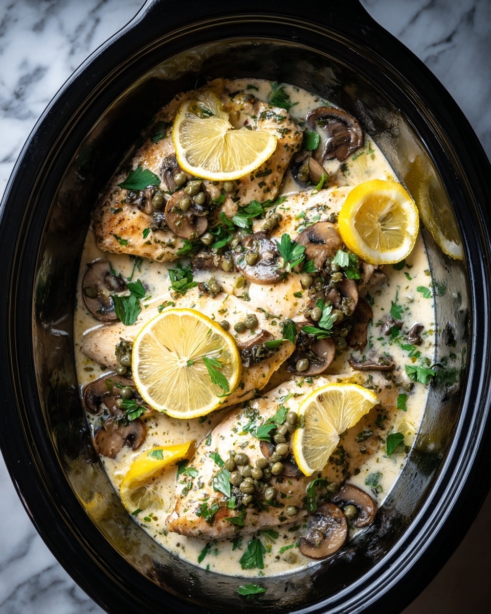 A close-up view of a black slow cooker filled with three cooked chicken pieces, each topped with a bright yellow lemon slice and scattered with green parsley leaves. The chicken sits in a creamy light beige sauce with visible small capers and sautéed brown mushroom slices evenly spread throughout. The scene is set on a white marbled surface, highlighting the rich textures of the sauce, tender chicken, and fresh garnishes, photo taken with an iphone --ar 4:5 --v 7