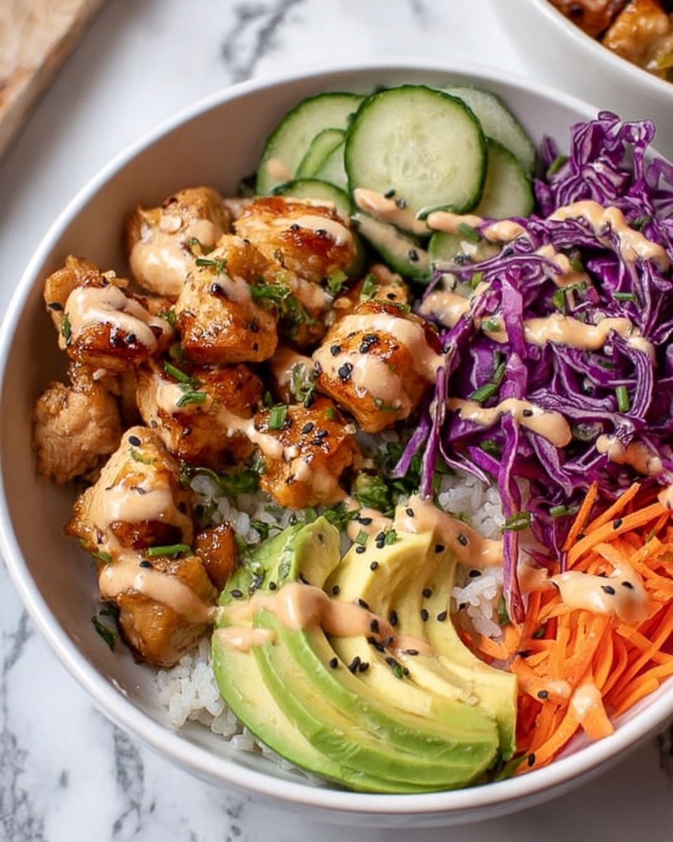 A white bowl contains a colorful layered dish starting with a base of white rice. On top, there are shiny brown glazed chicken chunks scattered mainly on one side. Fresh cucumber slices are neatly placed beside the chicken, showing their green and crisp texture. Next to them, there is a small pile of thinly shredded purple cabbage adding vibrant color. In the front, perfectly sliced avocado fans out in bright green layers. Thin orange carrot strips lie nearby, partially covered with a light orange creamy sauce drizzled over the chicken and vegetables. Small green herb bits and toasted sesame seeds are sprinkled over the dish. The bowl rests on a white marbled surface. photo taken with an iphone --ar 4:5 --v 7
