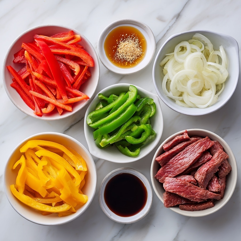 A white plate is filled with cooked strips of dark brown steak layered with sautéed slices of green, red, and yellow bell peppers, plus white onion slices. The steak and vegetables have a glossy texture, showing they are cooked with some oil or sauce. The dish is sprinkled with chopped green herbs and black pepper, giving a fresh and spicy look. The background is a white marbled surface, giving a clean and bright feel. photo taken with an iphone --ar 4:5 --v 7