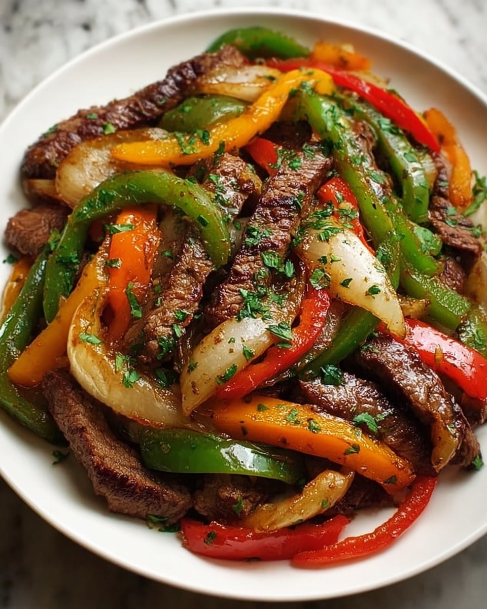 A white plate filled with a colorful stir-fry showing three layers: tender dark brown beef strips with a slightly shiny texture on top, underneath bright slices of red, green, and yellow bell peppers, and soft, translucent white onion pieces mixed throughout. The dish is sprinkled with small green herb pieces and black pepper, adding texture and color contrast. The background is a white marbled surface, giving a clean and fresh look to the image photo taken with an iphone --ar 4:5 --v 7