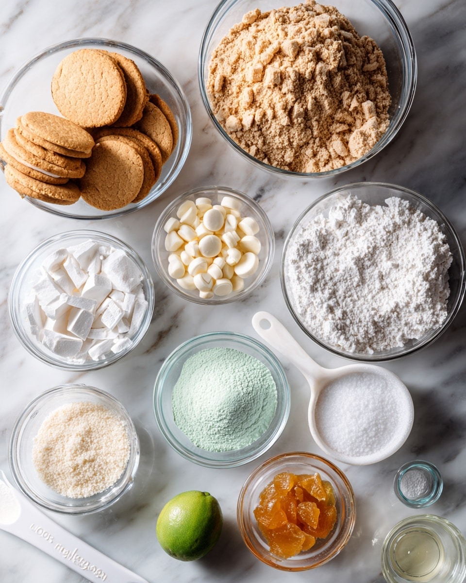 There are clear glass bowls and a white measuring cup placed on a white marbled surface. One large bowl holds whole golden sandwich cookies, and another large bowl contains finely crushed cookie crumbs. Smaller bowls hold white sugar, white chocolate chips, a pale green powder, a light mint-colored powder, and orange marmalade with visible fruit pieces. A small glass bowl holds a white powder, and a whole green lime sits on the surface next to a small glass container with a clear liquid. photo taken with an iphone --ar 4:5 --v 7