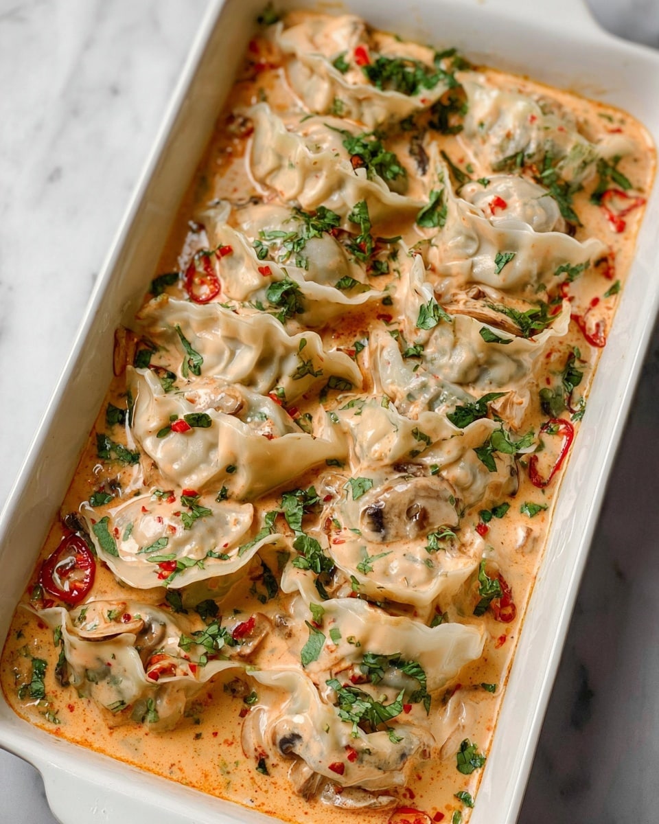 The dish shows several dumplings arranged in rows inside a white rectangular baking dish, covered with a creamy light orange sauce that has specks of red and green herbs. The dumplings have a pale white color with slightly crinkled edges and appear soft in texture. Green leafy herbs are sprinkled on top, providing a fresh contrast to the rich sauce. There are some small pieces of mushrooms and sliced red chili scattered among the dumplings. The dish sits on a white marbled surface, and the lighting highlights the creamy texture and fresh ingredients. Photo taken with an iphone --ar 4:5 --v 7