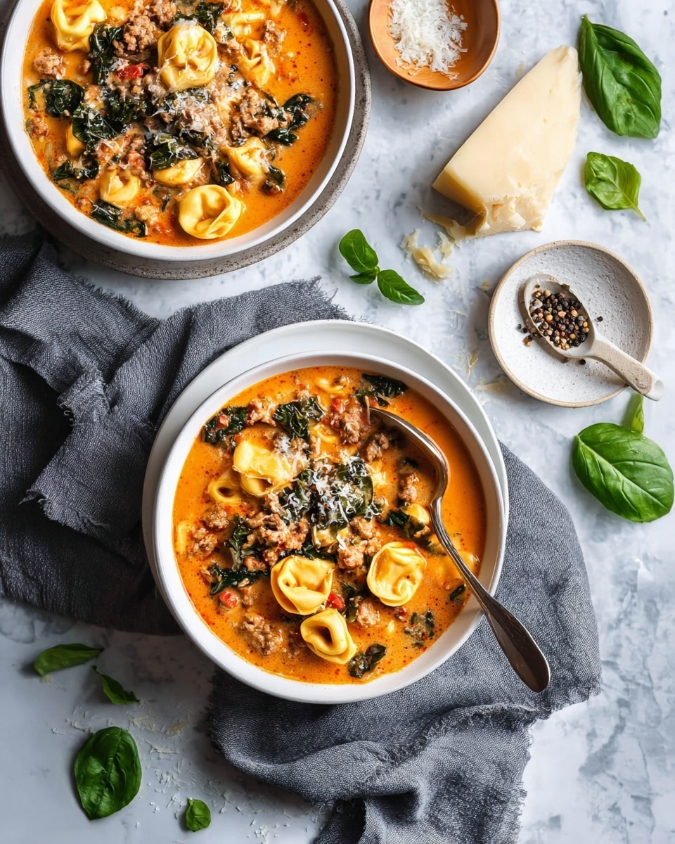 Two white bowls filled with a thick, creamy orange soup with tortellini pasta and small chunks of cooked ground meat and dark green leafy vegetables mixed in. Each bowl sits on a gray cloth; one is placed on a white plate with a spoon resting on the plate’s edge. The bowls rest on a white marbled surface with scattered basil leaves and coarse salt. To the top right, a small white bowl holds a wedge of hard cheese with some grated pieces nearby, and next to it, another small white bowl contains cracked black pepper. Photo taken with an iphone --ar 4:5 --v 7