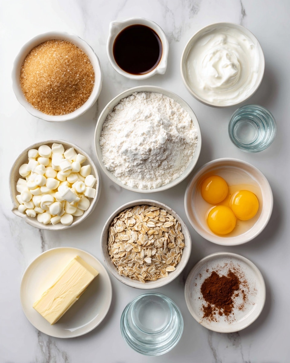 The image shows a white marbled surface with 12 small white bowls and containers arranged neatly, each filled with a different baking ingredient. At the top left is a bowl with light brown sugar, next to it a small white container with dark brown vanilla liquid, and to the right a bowl with white sour cream. Below them, a bowl with white sugar is placed beside a glass of clear water. In the center is a larger bowl filled with white flour. Below it, from left to right, are a bowl of white chocolate chips, a stick of pale yellow butter wrapped in paper, and a bowl with three yellow yolks in clear egg whites. To the lower left are a bowl with light oats and a small plate with brown cinnamon powder. At the bottom center is a glass with clear egg whites. The arrangement is clean, showing each ingredient clearly on a white marbled surface. Photo taken with an iphone --ar 4:5 --v 7