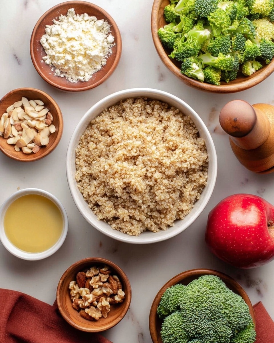 A top view of several white bowls and a mortar placed on a white marbled surface. In the center, a large white bowl filled with light brown cooked quinoa with a fluffy texture. Surrounding it, smaller white bowls hold fresh, bright green broccoli florets, white crumbled cheese, mixed nuts, a pale yellow thick sauce, and a light brown coarse paste. To the right side, a shiny red apple and a large wooden pepper grinder are positioned near an additional bowl of broccoli. All items are neatly arranged and well-lit, showing clear colors and textures. Photo taken with an iphone --ar 4:5 --v 7