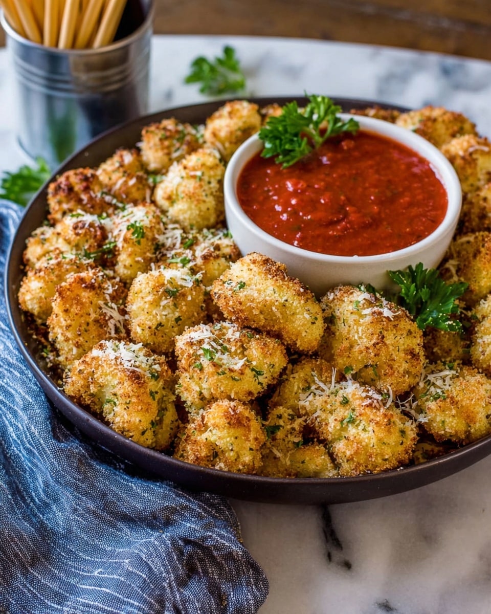 A large dark bowl filled with many small, golden-brown cauliflower pieces coated with crispy breadcrumbs and sprinkled with green herbs and white cheese bits. To the right inside the same bowl, there is a smaller white bowl with smooth, deep red marinara sauce topped with a sprig of fresh green parsley. The bowl sits on a white marbled surface with a blue and white striped cloth napkin partially visible in the front. In the background, there is a metal container with wooden sticks. The cauliflower looks crunchy with a slightly rough texture, and the sauce contrasts with a shiny, thick surface photo taken with an iphone --ar 4:5 --v 7