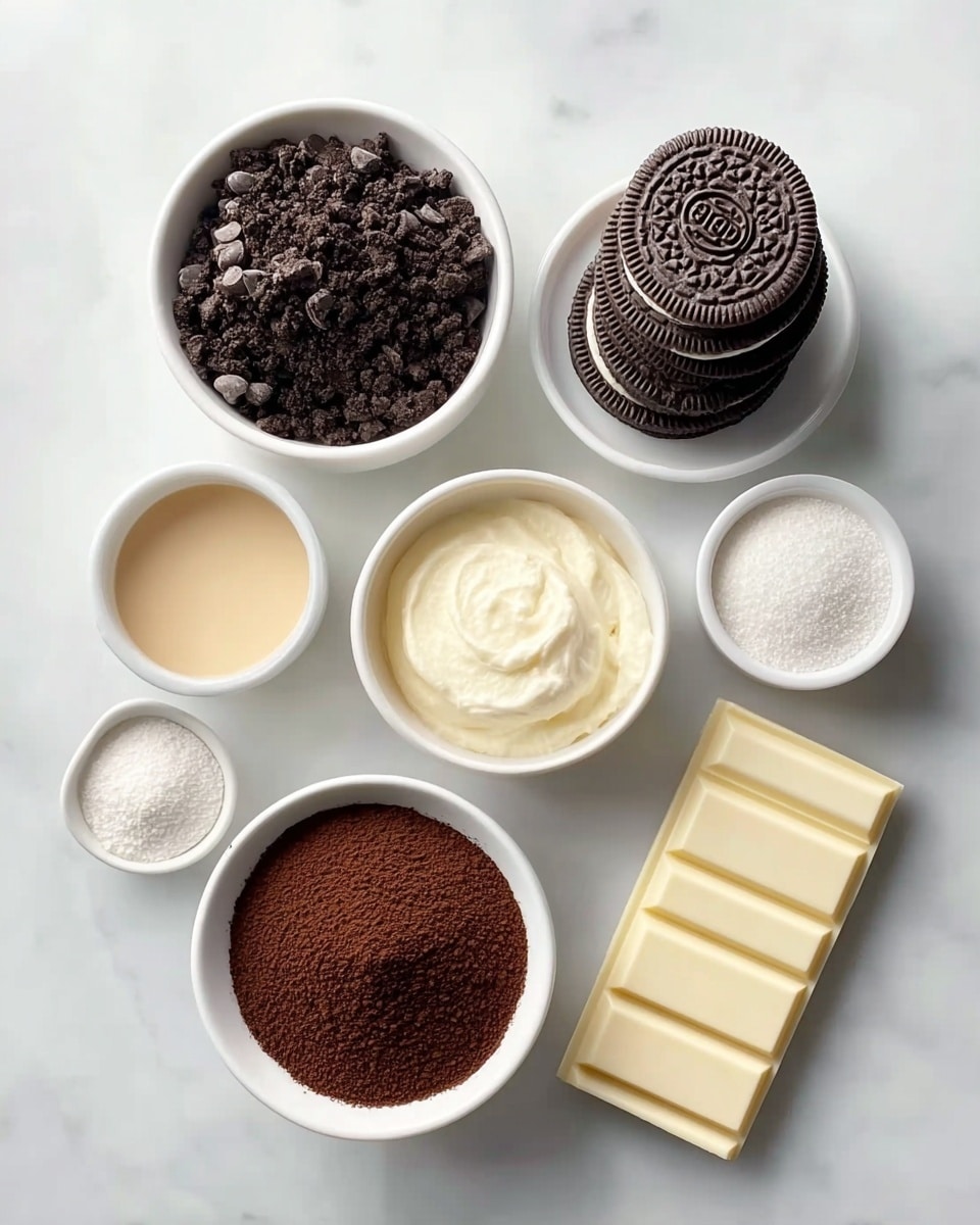 A white marble surface holds several white bowls and small piles of ingredients arranged neatly, including a bowl of dark crushed cookie crumbs with chocolate chips, a stack of whole chocolate sandwich cookies, a block of cream cheese, a bowl of smooth cream, a bowl of white sugar, a small bowl of light beige liquid, a bowl filled with dark cocoa powder, and a rectangular white chocolate bar with five segments, all set in a crisp, clean layout. photo taken with an iphone --ar 4:5 --v 7