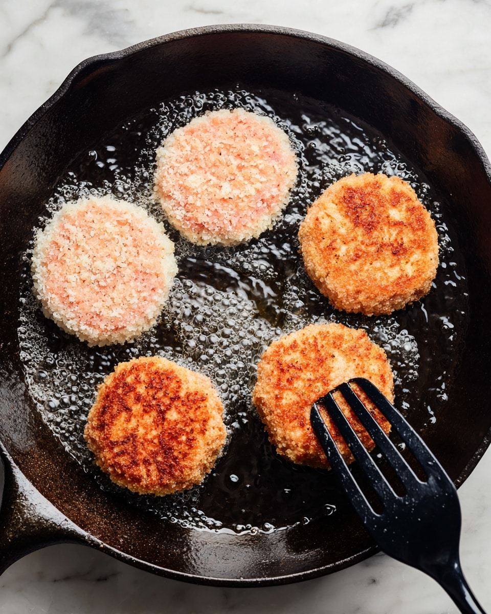 The image shows five round pink patties frying in a dark cast-iron skillet. Each patty is coated with a light white crumb layer on the left side image and a golden crumb layer on the right side image, sitting in hot oil that glistens around them. The skillet is on a white marbled surface, and a black spatula is partially visible lifting one patty on the right side image. The overall scene highlights the change in crust color from raw to cooked photo taken with an iphone --ar 4:5 --v 7