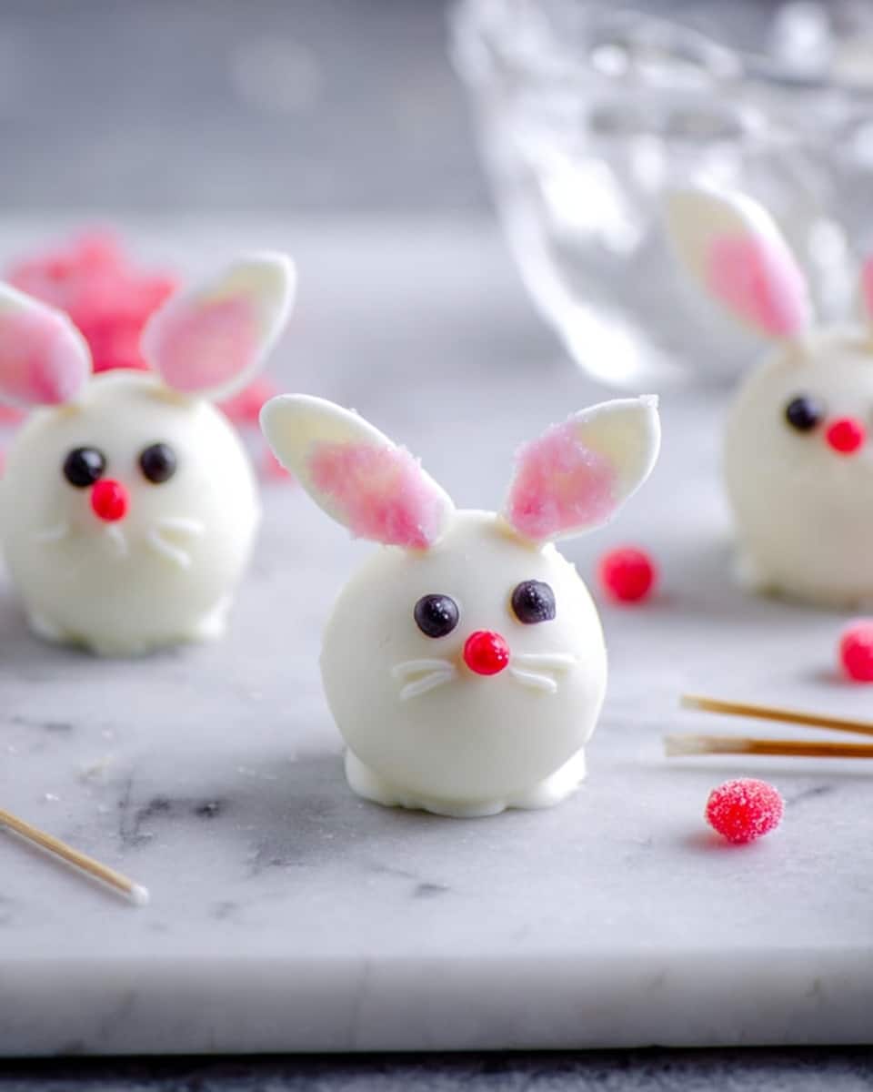 The image shows four small white round treats designed like bunny faces sitting on a bright pink layer of coarse sugar crystals inside a white bowl. Each bunny face has two upright ears with a pink sugary center, two small white eyes with black pupils, and a round red nose. The pink sugar forms a thick, rough-textured base, making the white bunny faces stand out. The bowl sits on a white marbled surface with a colorful pattern of decorated Easter eggs underneath. Photo taken with an iphone --ar 4:5 --v 7