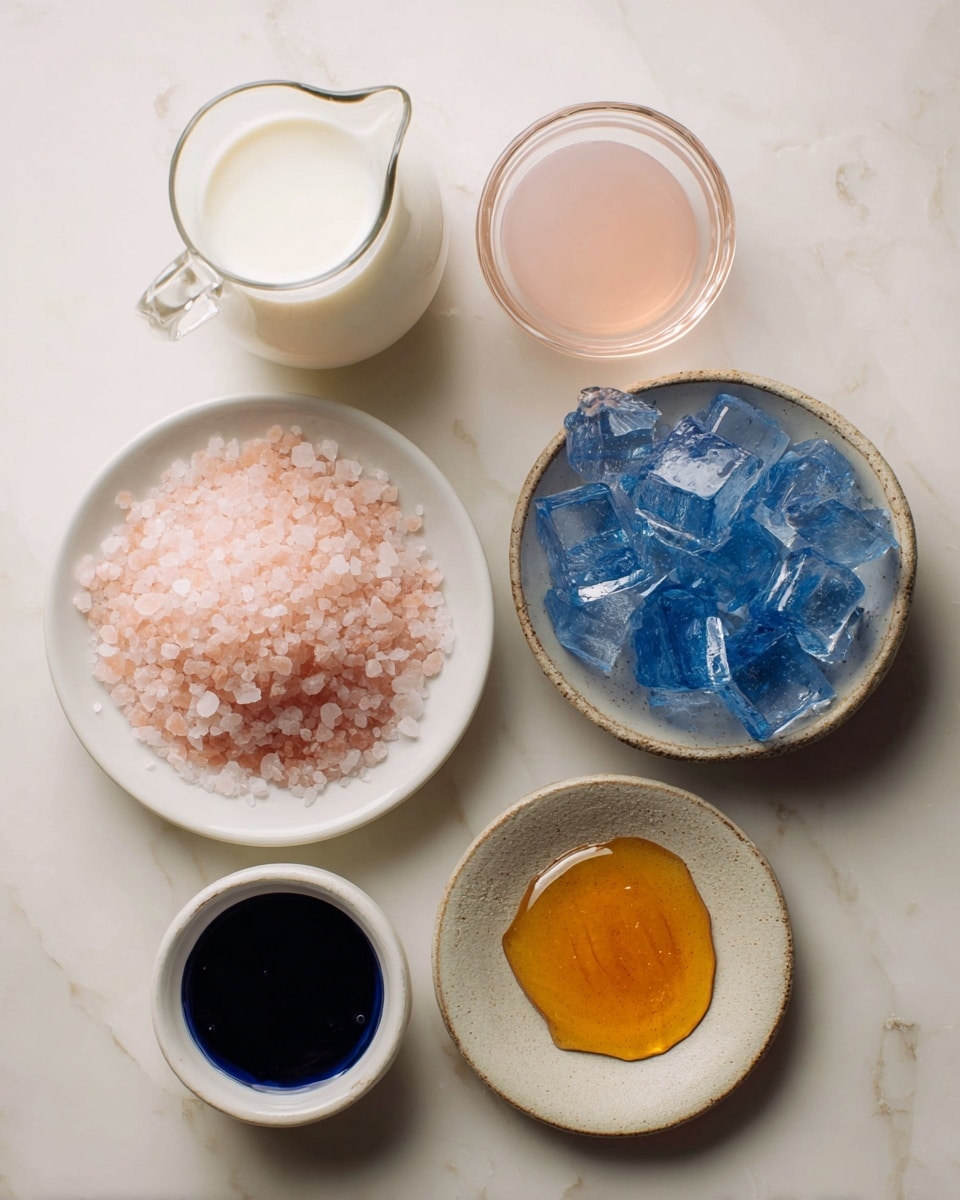 There are six containers with different ingredients placed on a white marbled surface. At the top left is a small glass pitcher filled with white liquid, next to it on the right is a small glass bowl with pale pink liquid. Below the pitcher is a white plate piled high with pink coarse salt crystals. At the center is a tiny white bowl holding dark blue liquid. To the right of that, there is a white bowl filled with clear blue ice cubes. At the bottom right, there is a rustic white plate with golden honey. All items are spaced evenly and well lit, showing textures clearly. Photo taken with an iphone --ar 4:5 --v 7