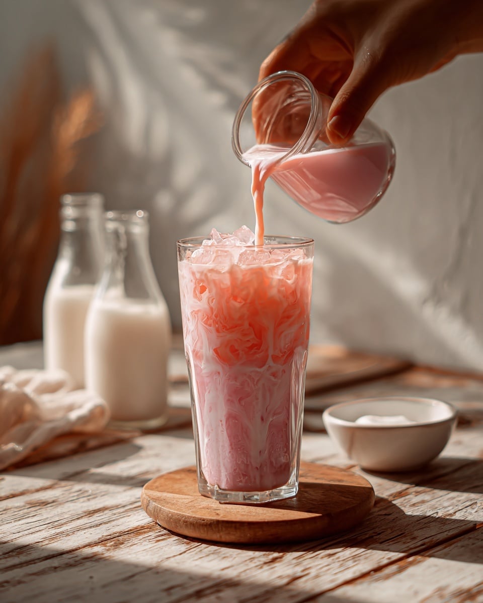 A clear tall glass filled with ice cubes and light pink liquid being poured from a small clear glass jug by a woman's hand. The drink swirls with a mix of white and pink colors, creating a textured, creamy look inside the glass. The glass sits on a small round wooden board atop a rustic wooden table. In the background are two clear glass bottles with white liquid and a small white bowl, all placed on a white marbled surface under soft natural sunlight. Photo taken with an iphone --ar 4:5 --v 7