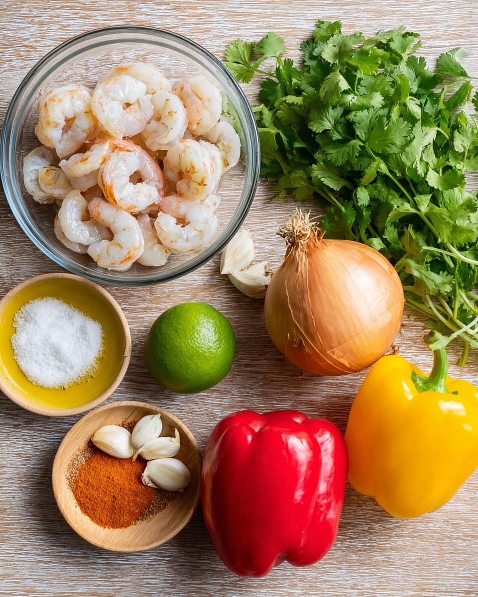 The image shows fresh ingredients laid out on a light brown wooden surface. In the top left, there is a clear bowl filled with white and pink shrimp, each piece showing a slightly curved shape and glossy texture. Next to the bowl, there is a whole yellow-brown onion with dry outer skin. To the right of the onion, there is a bright red bell pepper and below it a yellow bell pepper, both shiny and smooth. A bunch of fresh green cilantro leaves is placed to the bottom right of the peppers. Near the center, there is a whole, dark green lime. Below the lime are four peeled white garlic cloves arranged loosely. On the left side, there is a small wooden bowl with white salt inside and a small yellow bowl containing an orange-red spice mix. Between the spice and garlic roots, there is a clear small bowl of light yellow oil. All ingredients are on a white marbled texture surface, photo taken with an iphone --ar 4:5 --v 7