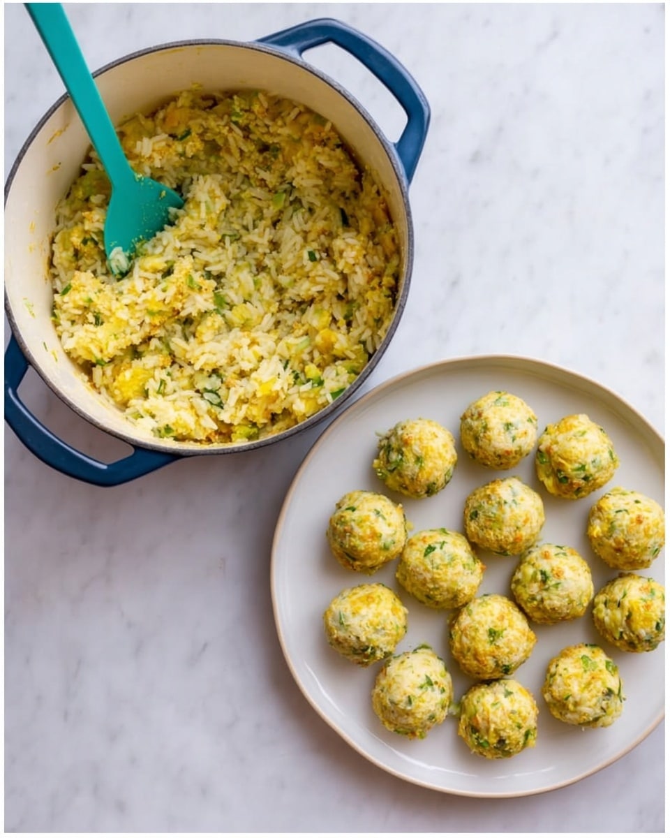 The image shows two parts: on the left, there is a white pot with blue handles filled with a yellowish rice mixture that has green bits, with a teal spatula standing inside the pot; on the right, there is a white round plate holding 20 evenly spaced small round rice balls made from the same mixture, displaying a yellow and green speckled texture; both items are placed on a white marbled surface. photo taken with an iphone --ar 4:5 --v 7