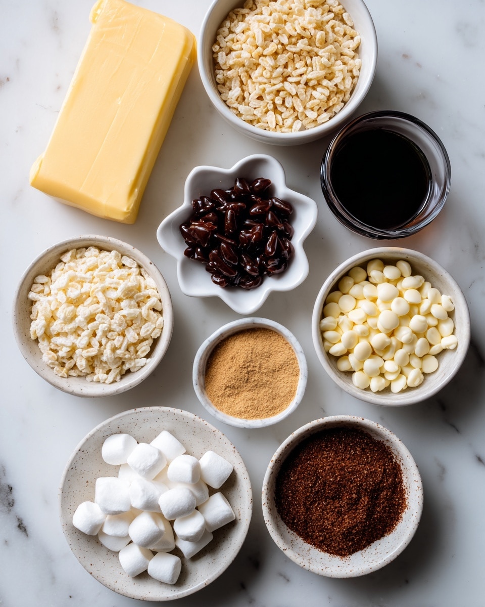 The image shows nine ingredients arranged neatly on a white marbled surface. At the top left, there is a yellow block of salted butter resting diagonally. Below and slightly to the right is a white bowl filled with light golden puffed rice cereal. To the right of the cereal is a small glass container with dark vanilla liquid. At the center is a white bowl shaped like a flower holding glossy dark molasses. To its right is another white bowl filled with small, round white chocolate chips. Below the molasses, there is a small speckled bowl containing bright white mini marshmallows. Next to it on the right is another speckled bowl with ground cinnamon, a deep rust color. Above that is a smaller speckled bowl holding a tan ground ginger powder. On the left side, between the marshmallows and cereal, there is a small speckled bowl with dark brown ground cloves powder. Each ingredient is labeled with light brown text. The photo taken with an iphone --ar 4:5 --v 7