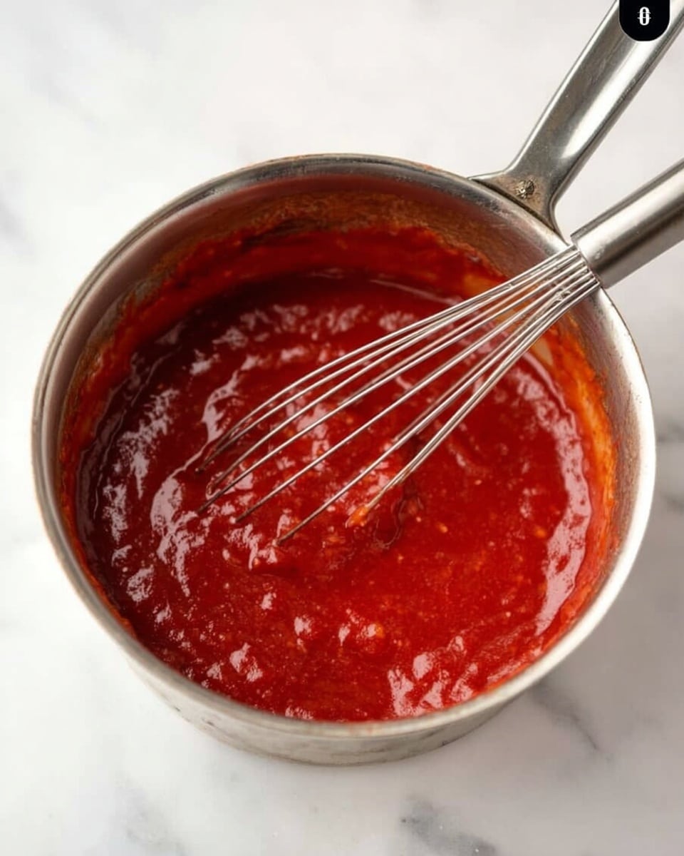 A small silver saucepan filled with a thick, rich red sauce that has smooth and slightly glossy texture, with some visible darker red parts mixed in. A silver whisk is inside the saucepan, partially covered in the sauce, resting at an angle. The saucepan is placed on a white marbled surface with soft natural light. Photo taken with an iphone --ar 4:5 --v 7