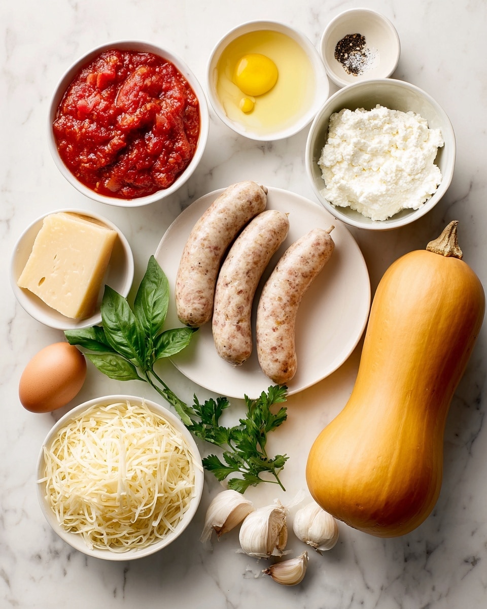 The image shows various fresh ingredients arranged neatly on a white marbled surface. In the center, three raw Italian chicken sausages rest against a cluster of green basil leaves. To the right, a whole butternut squash and a quarter of a pale yellow onion lie side by side. Above the sausages is a small white bowl filled with soft, white part-skim ricotta cheese, while below is another white bowl containing a pile of shredded mozzarella cheese. To the left of the sausages, a white bowl holds bright red crushed tomatoes, and nearby are a tan egg, a peeled garlic clove, and a small pool of golden olive oil. A chunk of pale yellow Parmesan cheese sits above the onion, and a small white bowl with salt and pepper is positioned near the squash. Fresh green parsley is placed near the shredded mozzarella, all set against the smooth white marbled background. photo taken with an iphone --ar 4:5 --v 7