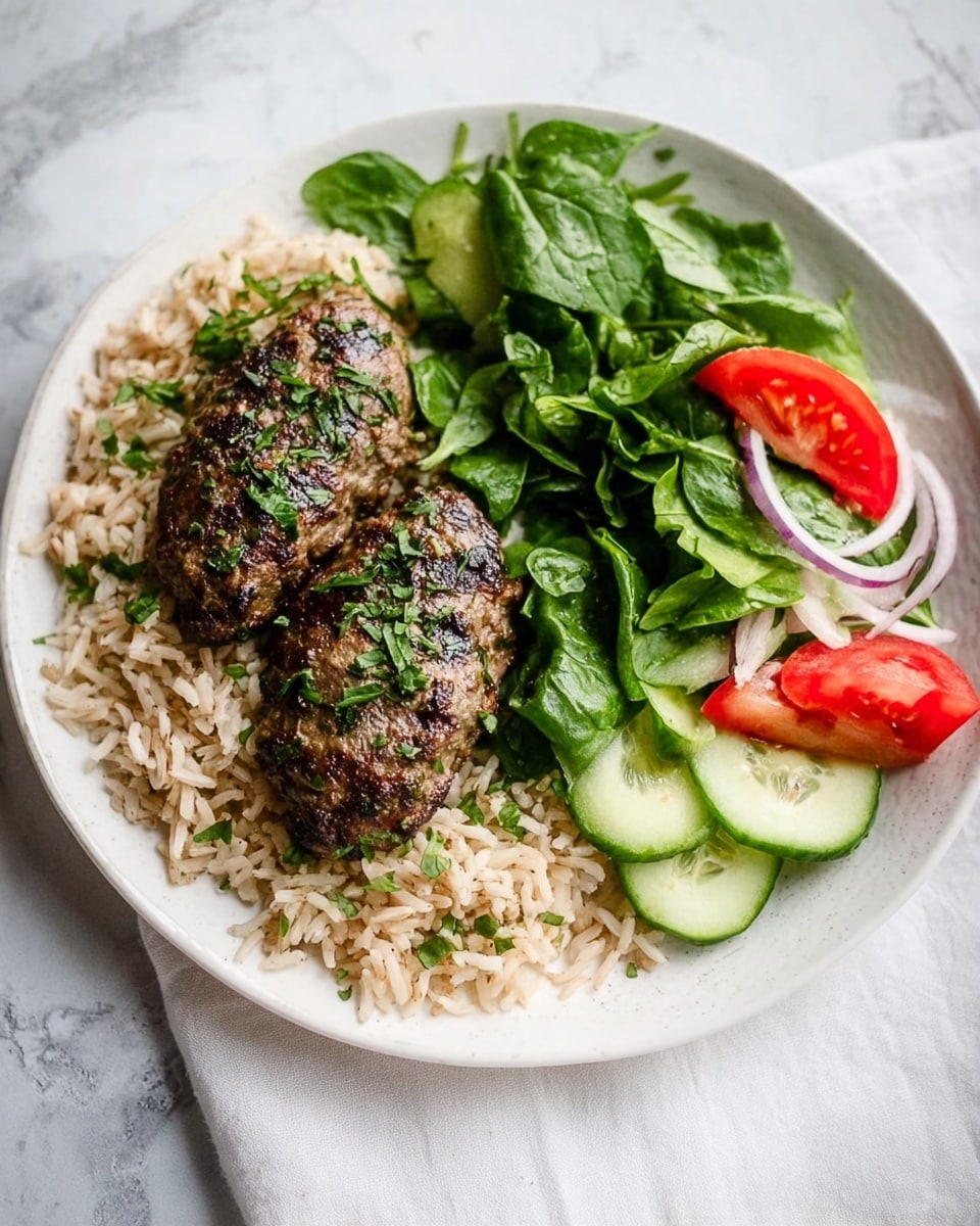 The dish is served on a white plate set on a white marbled surface. It has three parts: a base layer of light brown rice with a soft texture that covers about half of the plate, two grilled oval-shaped meat pieces placed side by side on top of the rice with a dark brown charred texture and green herbs sprinkled on them, and a fresh salad on the other half of the plate made of bright green spinach leaves, sliced pale green cucumbers, red tomato wedges, and thin white onion slices, all vibrant and crisp. Photo taken with an iphone --ar 4:5 --v 7