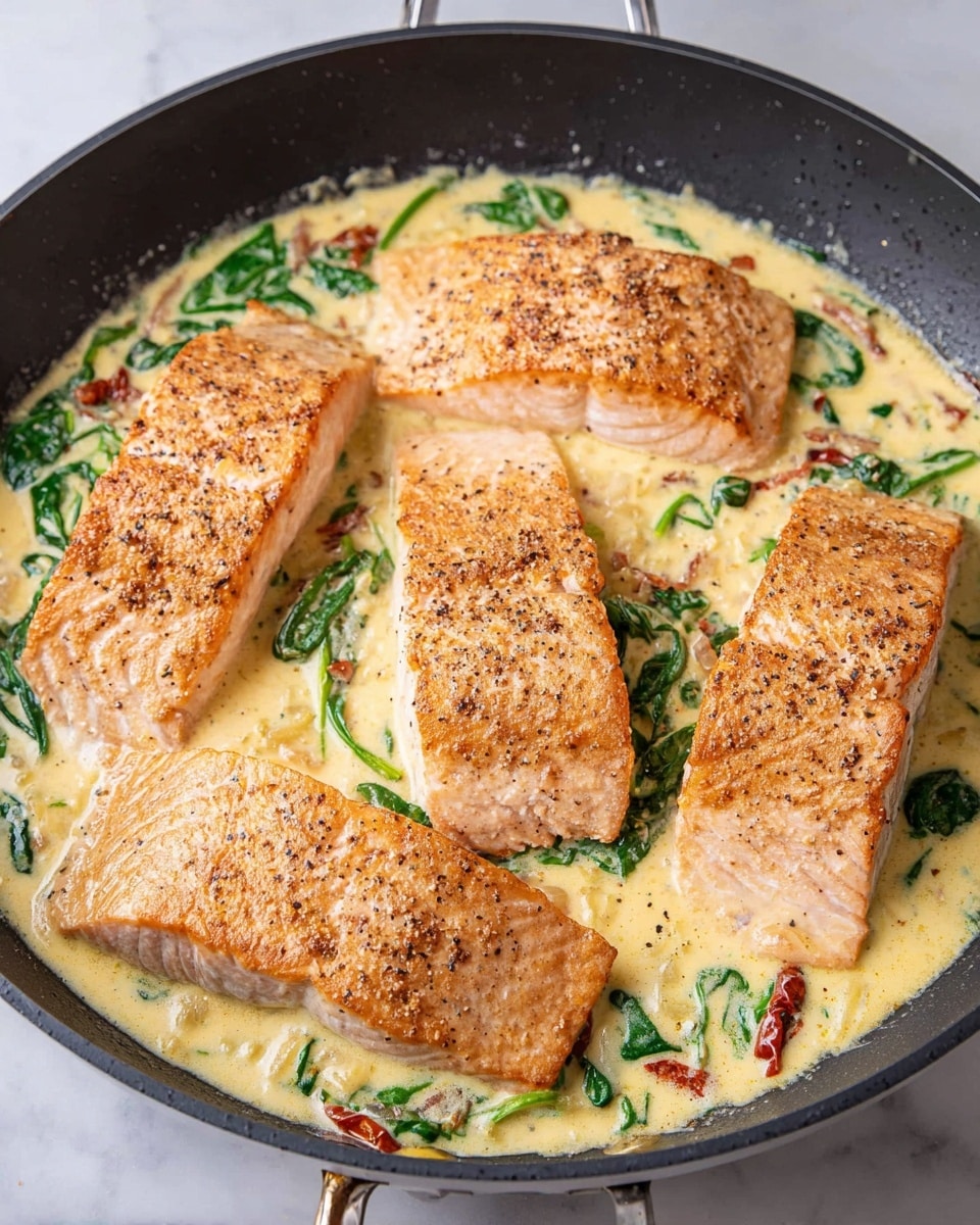 A black pan holds four golden-brown cooked salmon fillets placed evenly on top of a creamy light yellow sauce. The sauce has visible bits of green spinach leaves and small pieces of red dried tomatoes mixed throughout, filling the bottom of the pan around the salmon. The salmon fillets have a slightly crispy texture on top with a light pepper seasoning. The background is a white marbled surface. photo taken with an iphone --ar 4:5 --v 7