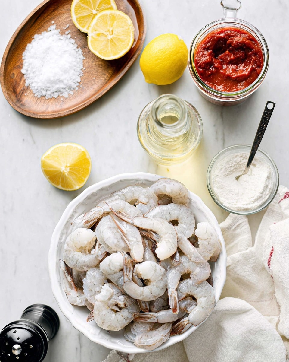 A large white bowl filled with raw shrimp piled in layers, showing their pale gray and white shells with curved tails; near the bowl, a wooden dish holds coarse white salt with a silver measuring spoon resting inside; to the side, an open glass jar of thick red sauce with a black spoon inside is placed next to a small clear bowl of white creamy mixture and a tiny glass bowl of light-colored powder; partially cut lemons with bright yellow skin and juicy yellow interior halves are placed near the shrimp bowl; a clear bottle with light yellow liquid and a soft white cloth lie on a white marbled surface; a black pepper grinder is partially visible at the bottom left, completing the bright, clean cooking setup photo taken with an iphone --ar 4:5 --v 7