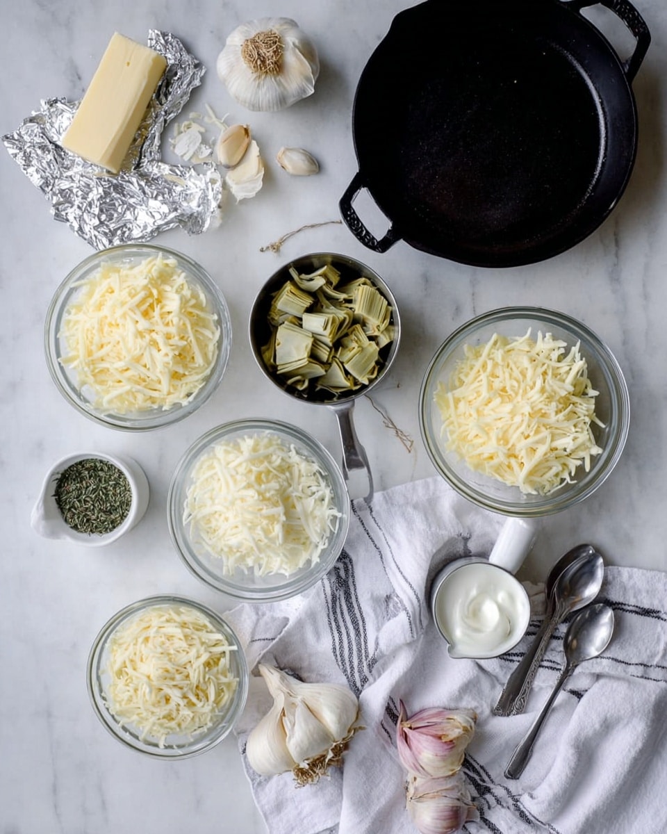 The image shows ingredients neatly arranged on a white marbled surface. At the center top is a black cast iron skillet. Surrounding it are clear glass bowls filled with different shredded cheeses in pale yellow and white colors. A small metal cup holds pale green chopped artichokes placed on a white cloth with gray stripes. Next to it is a measuring cup with a white creamy substance. There is a small white dish containing dried herbs and a couple of garlic bulbs with pinkish-white skins nearby. A stick of butter is partially unwrapped in silver foil on the top left. A silver spoon rests near the bottom right corner. photo taken with an iphone --ar 4:5 --v 7