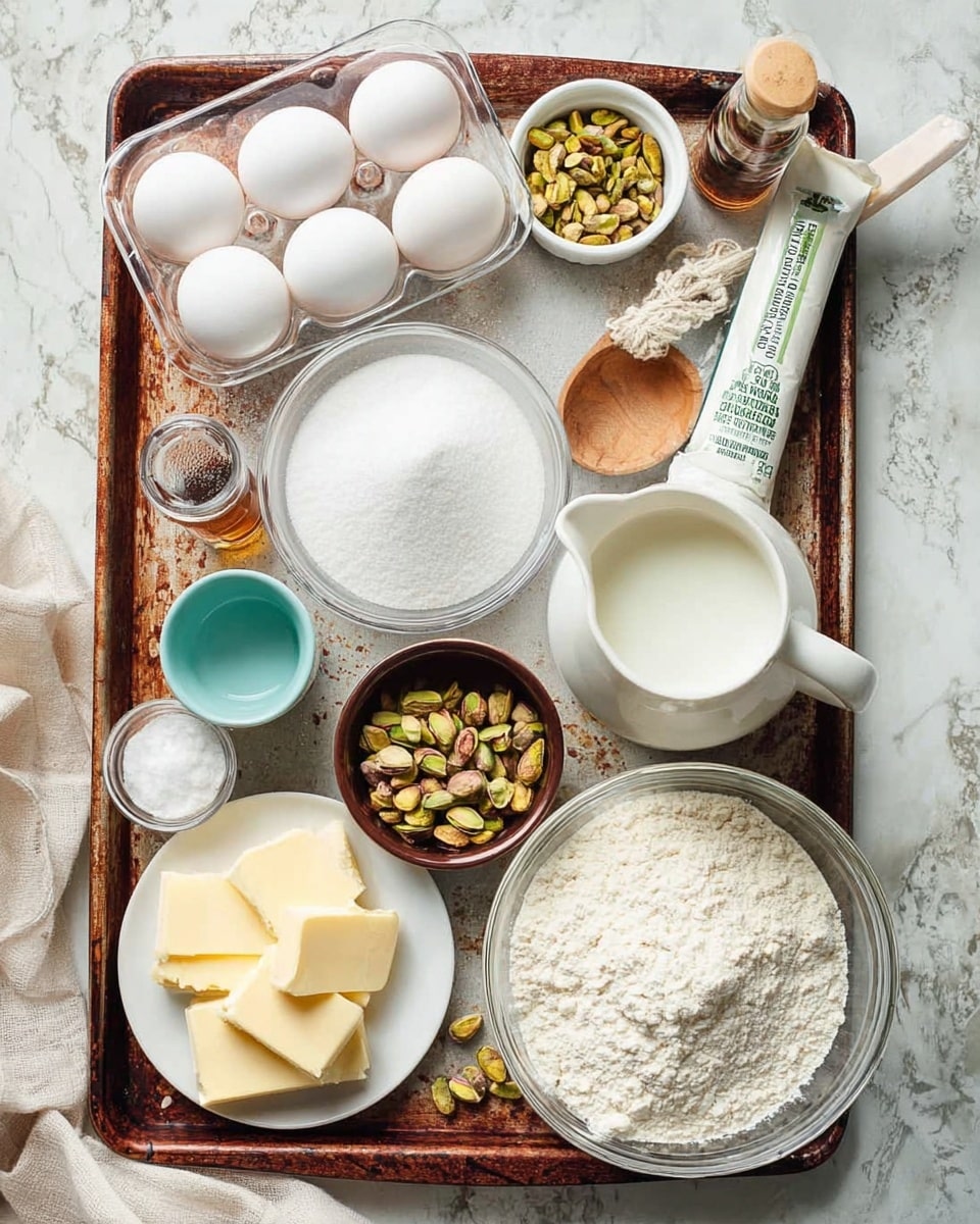 A rusted metal baking tray sits on a white marbled surface, holding various baking ingredients in separate white bowls and one glass bowl. On the tray, there are four white eggs in a clear glass container on the top left, a small white ramekin filled with pistachio nuts on the top right, and a small white jug filled with milk mid-right. A glass bowl filled with white granulated sugar has a wooden spoon resting inside on the left side. Near the center is an opened foil packet of cream cheese next to a large glass bowl filled with white flour. A small brown bowl with chopped pistachio nuts is placed in front of the flour bowl. On the bottom left corner, a white plate holds evenly sliced pale yellow butter next to a small turquoise bowl containing salt. A tiny bottle of vanilla extract and a small white bowl with brown liquid sit near the top center of the tray. The photo is taken with an iphone --ar 4:5 --v 7