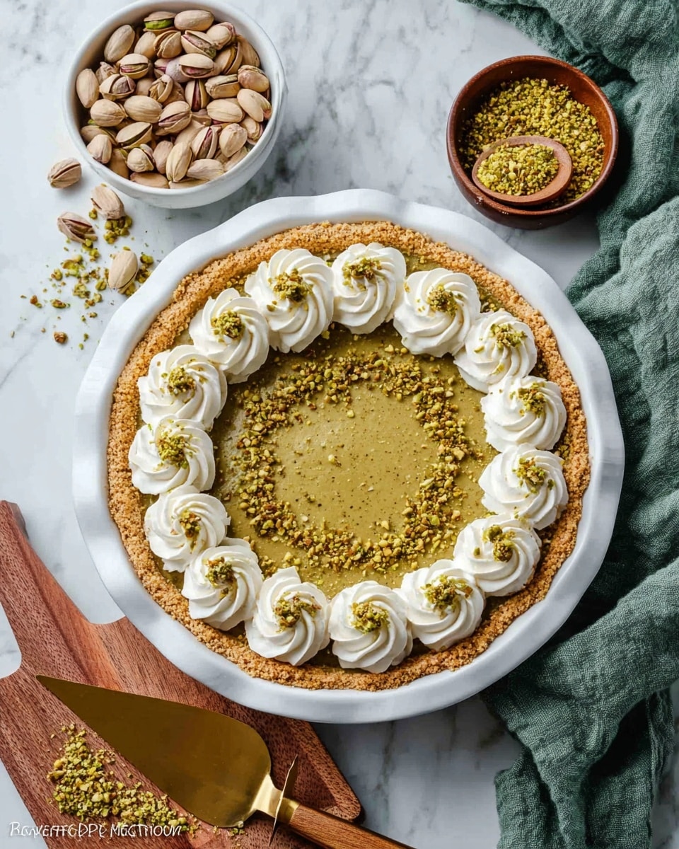 The image shows a white pie dish with a golden-brown crust on the edges, filled with a greenish pistachio filling in the center. Around the edge of the filling are evenly spaced swirls of white whipped cream, each topped with a sprinkle of crushed pistachio. The pie sits on a white marbled surface partly covered by a green cloth. Next to the pie is a round white bowl full of whole pistachios and a small brown bowl with crushed pistachios. A wooden cutting board holds a gold-colored pie server with a wooden handle. photo taken with an iphone --ar 4:5 --v 7